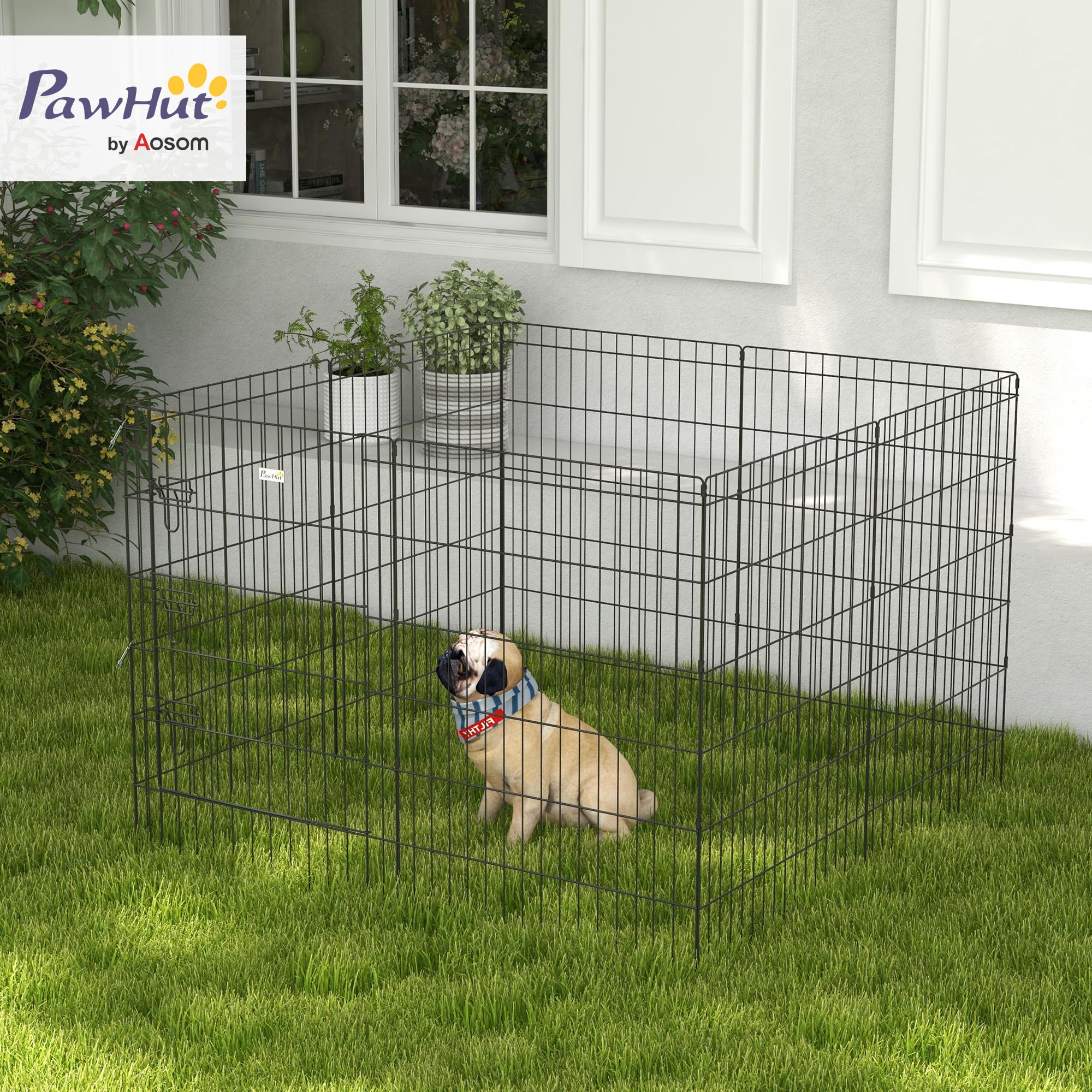PawHut Parco recinto modulabile per Cani Conigli roditori Recinzione per Piccoli Animali Interni ed Esterni Pieghevole 1 Porta 8 Pannelli in Filo Metallico Porta bloccabile 61 x 91 cm Nero