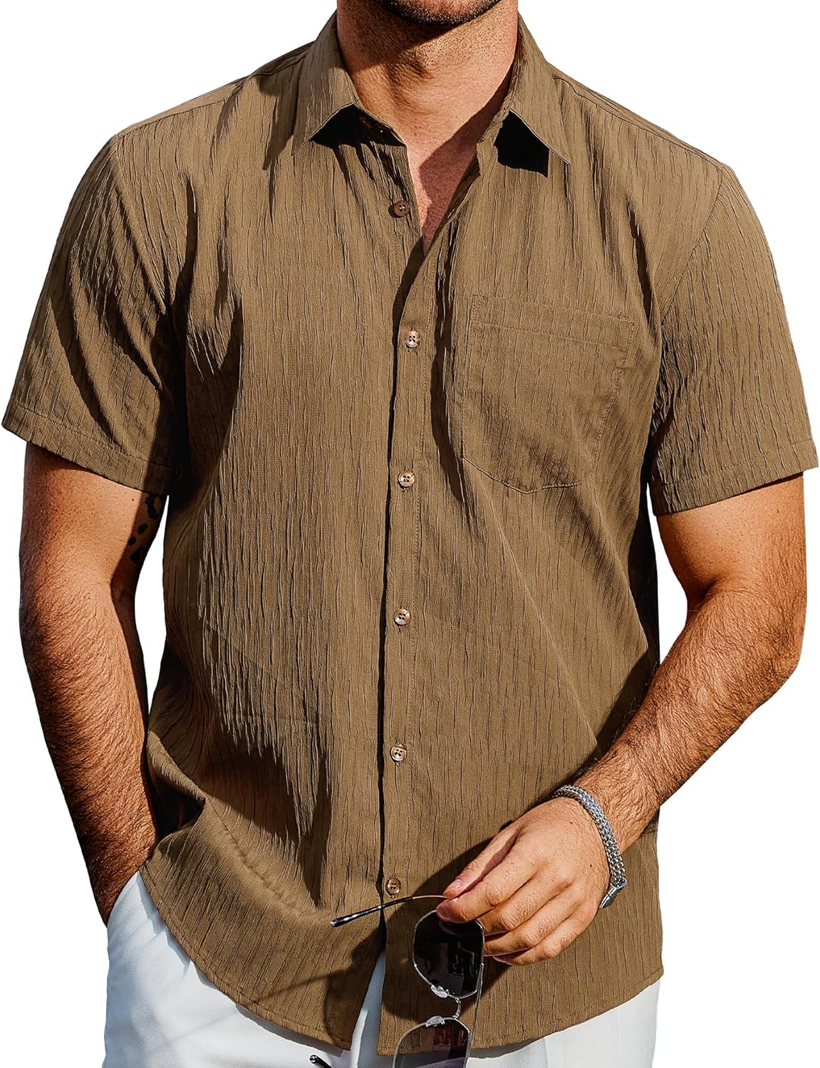 VATPAVE Mens Casual Button Down Short Sleeve Shirt Tropical Textured Summer Shirt Beach Hawaiian Shirts with Pocket