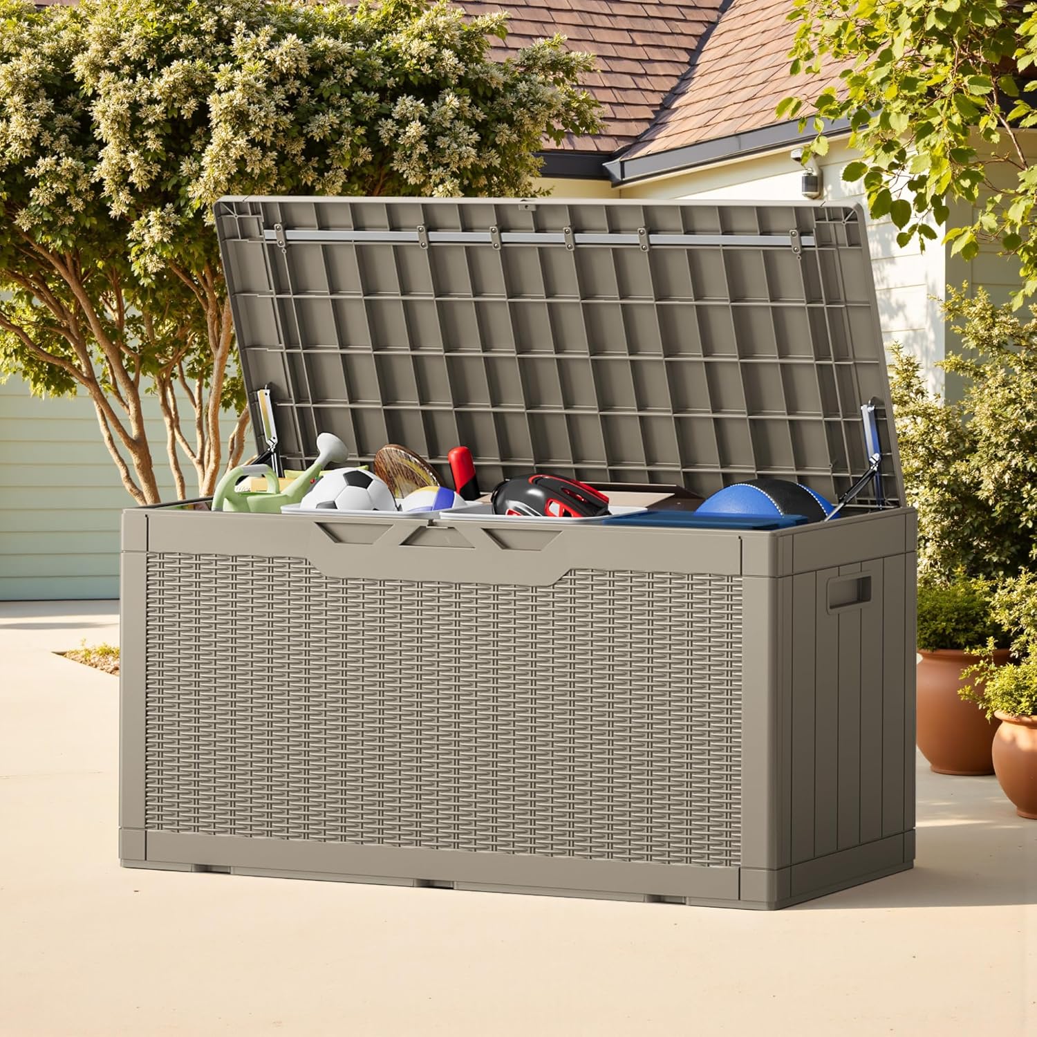 Greesum Outdoor Storage Box 100 Gallon Storage Bin with Lid for Patio Furniture, Garden Tools, Pool Supplies, Lockable, Waterproof and UV Resistant, Light Coffee