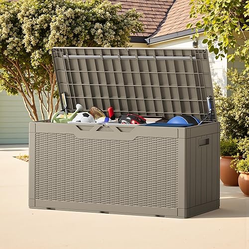 Vista 117 de Greesum Caja de resina de 31 galones para todo tipo de clima, cajas de almacenamiento al aire libre para muebles de patio, juguetes al aire libre