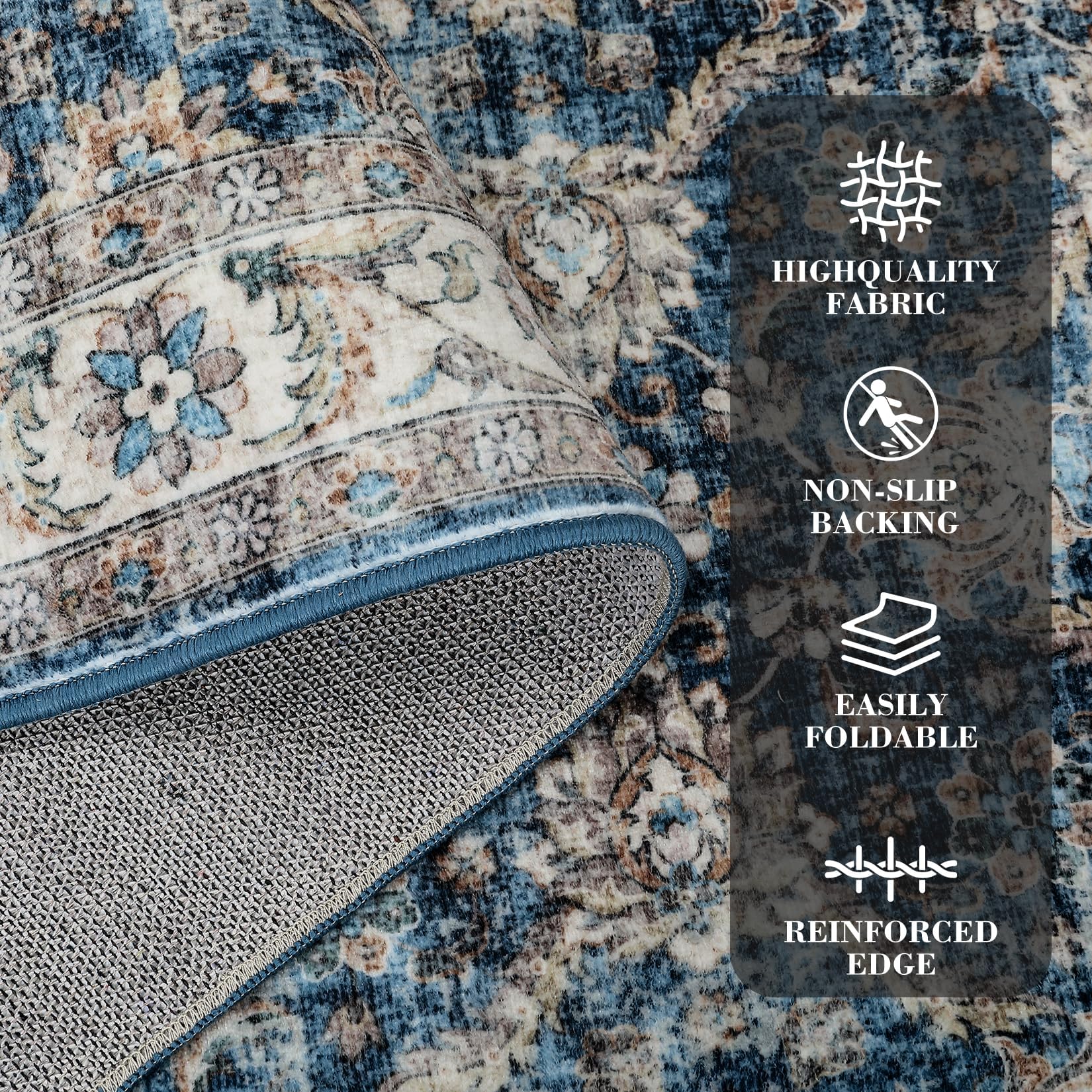 Tapis Salon Vintage Persan Lavable, Polyester Doux Ras (350 g/M²), Antidérapant TPR, Pliable, Chambre/Couloir/Cuisine