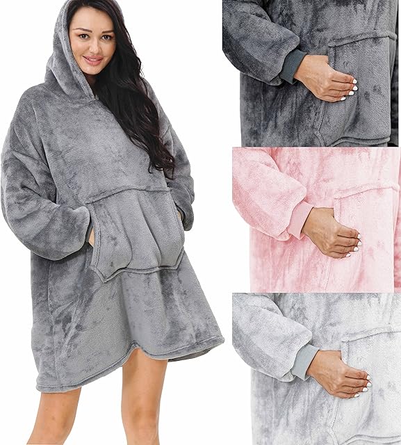 rejuvopedic Deluxe Range Of Flannel Adult Hoodie Blankets (Silver) , Soft Lightweight Flannel Fabric , Oversized Soft And Cosy
