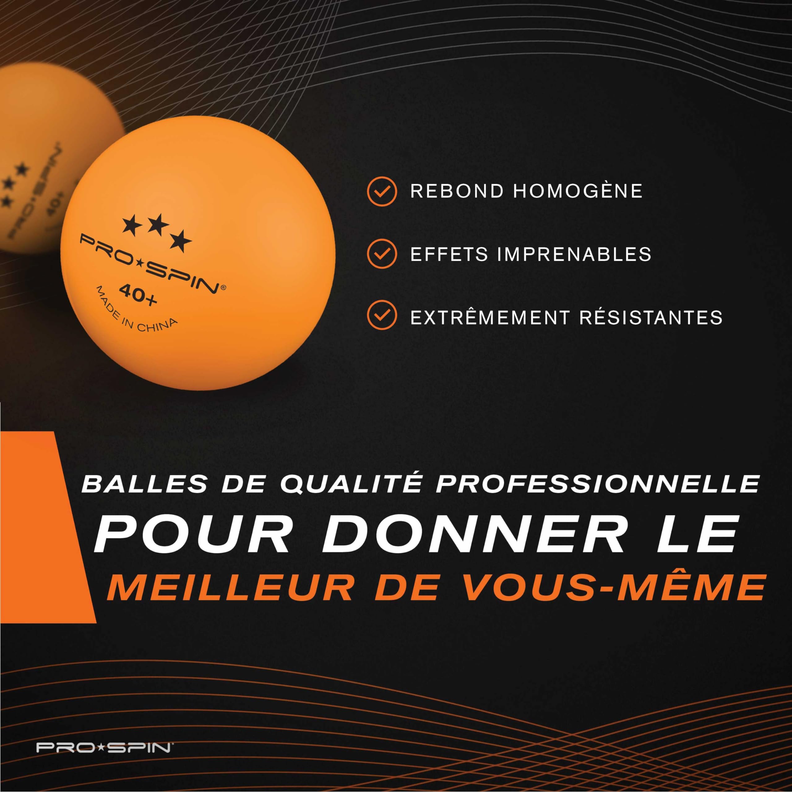 PRO-SPIN Balles de Ping-Pong 3 Étoiles Haute Performance, Orange 40+ ABS | Lot de Balles Qualité Supérieure pour Entraînement de Tennis de Table | pour Tables de Ping Pong Intérieur, Extérieur