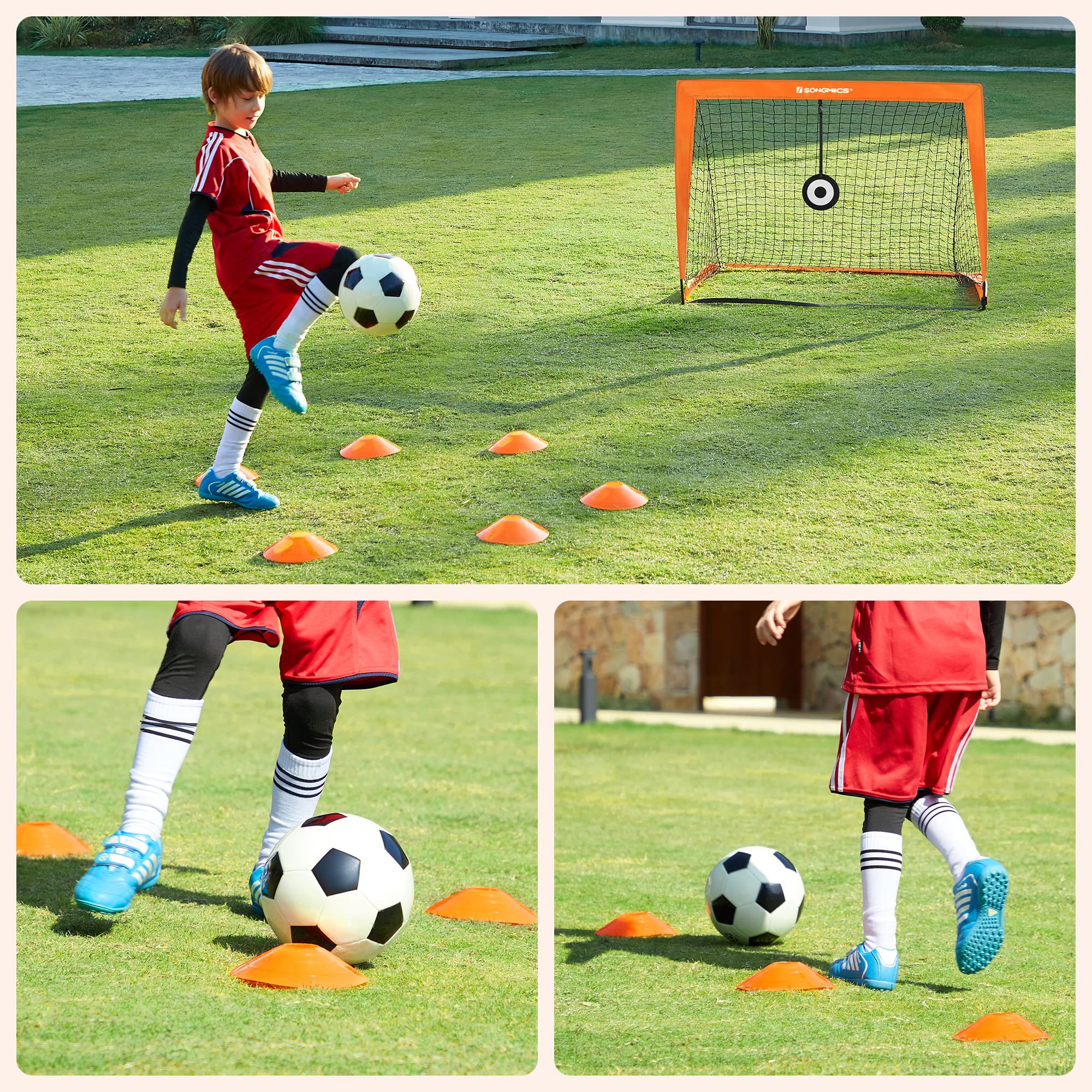 SONGMICS Porta da Calcio per Bambini, Set di 2, Obiettivo di Calcio Portatile e Pieghevole, per Giardino, Parco, Spiaggia, Struttura in Fibra di Vetro Elastico