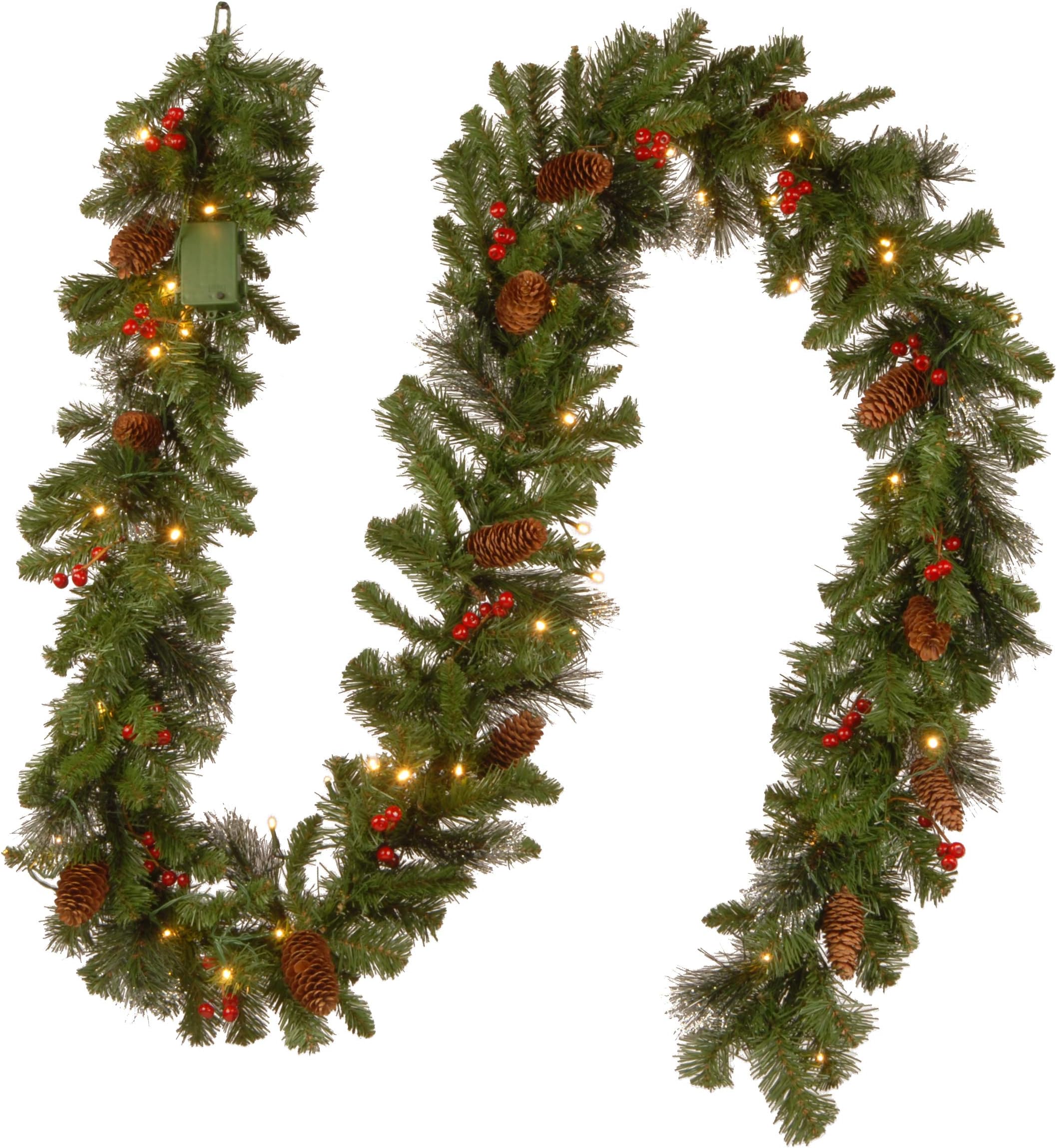 National Tree Company 9 ft Pre-Lit Crestwood Spruce Artificial Christmas Garland, Christmas Decoration with Glitter, Pinecones, Red Berries, 50 Warm White LED Lights, 180 Tips, Timer, Green
