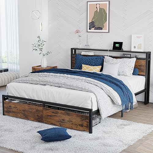LIKIMIO Base de cama de tamaño matrimonial con cajones de almacenamiento, cama de plataforma con cabecera y estación de carga, no necesita somier,