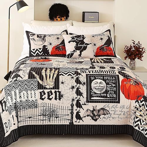 Miniatura 4 de EVENHUG Juego de edredón de Halloween tamaño King con fundas de almohada, juegos de ropa de cama con temática de festivales, cubrecama de fantasma y