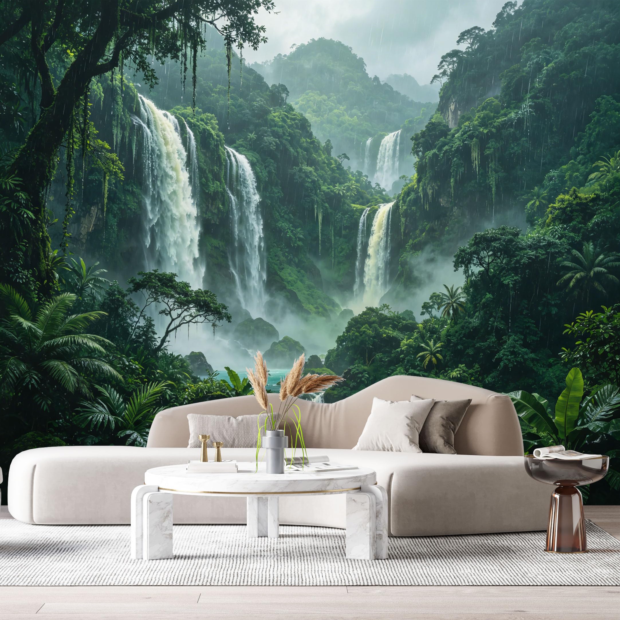 Custom Size Wall Murals Tropical Jungle Waterfall Rain Forest Scenery 3D Landscape SelfAdhesive Wall Fabric Removable Large Wallpaper for Photo Living Room