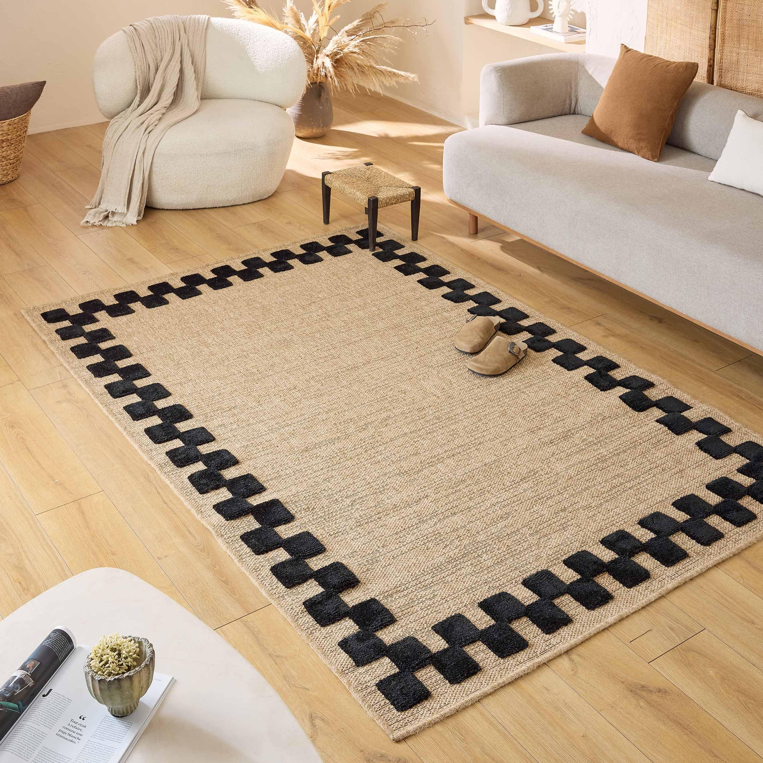 Nazar Alfombra Palma, Alfombra natural, aspecto yute, alfombra natural para sala de estar, dormitorio, pasillos, alfombra bohemia, color natural (9496 negro, 80 x 150 cm)