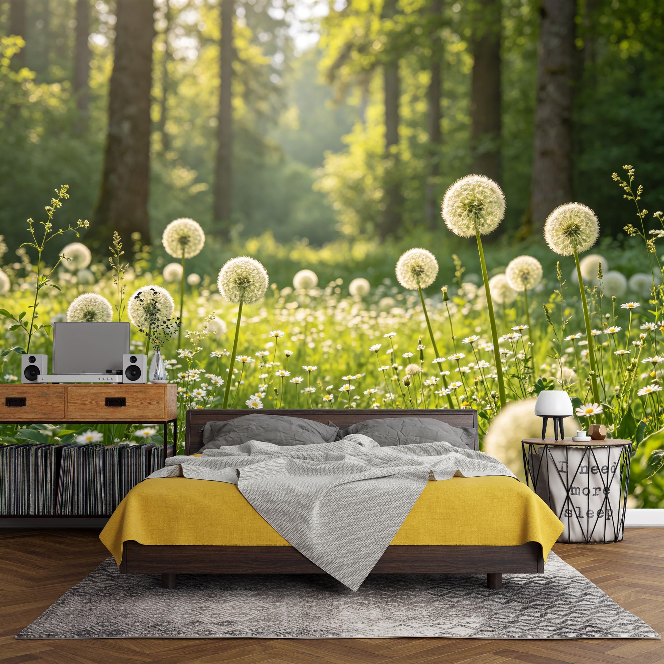 Custom Size Wall Mural， Botanical Dandelion Meadow Forest Morning Light Landscape，SelfAdhesive Art Prints wall Fabric (No PVC) Removable Wallpaper Living Room Decor