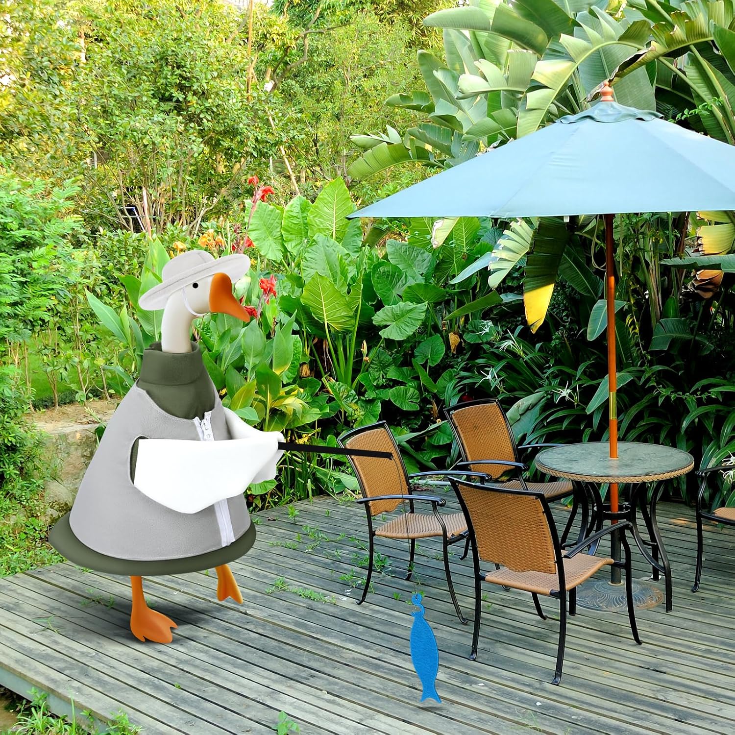 Fishing Goose Outfit Cute Lawn Porch Goose Costume Clothes for 23'' Cement Duck Outdoor Garden Yard Patio Art Decoration