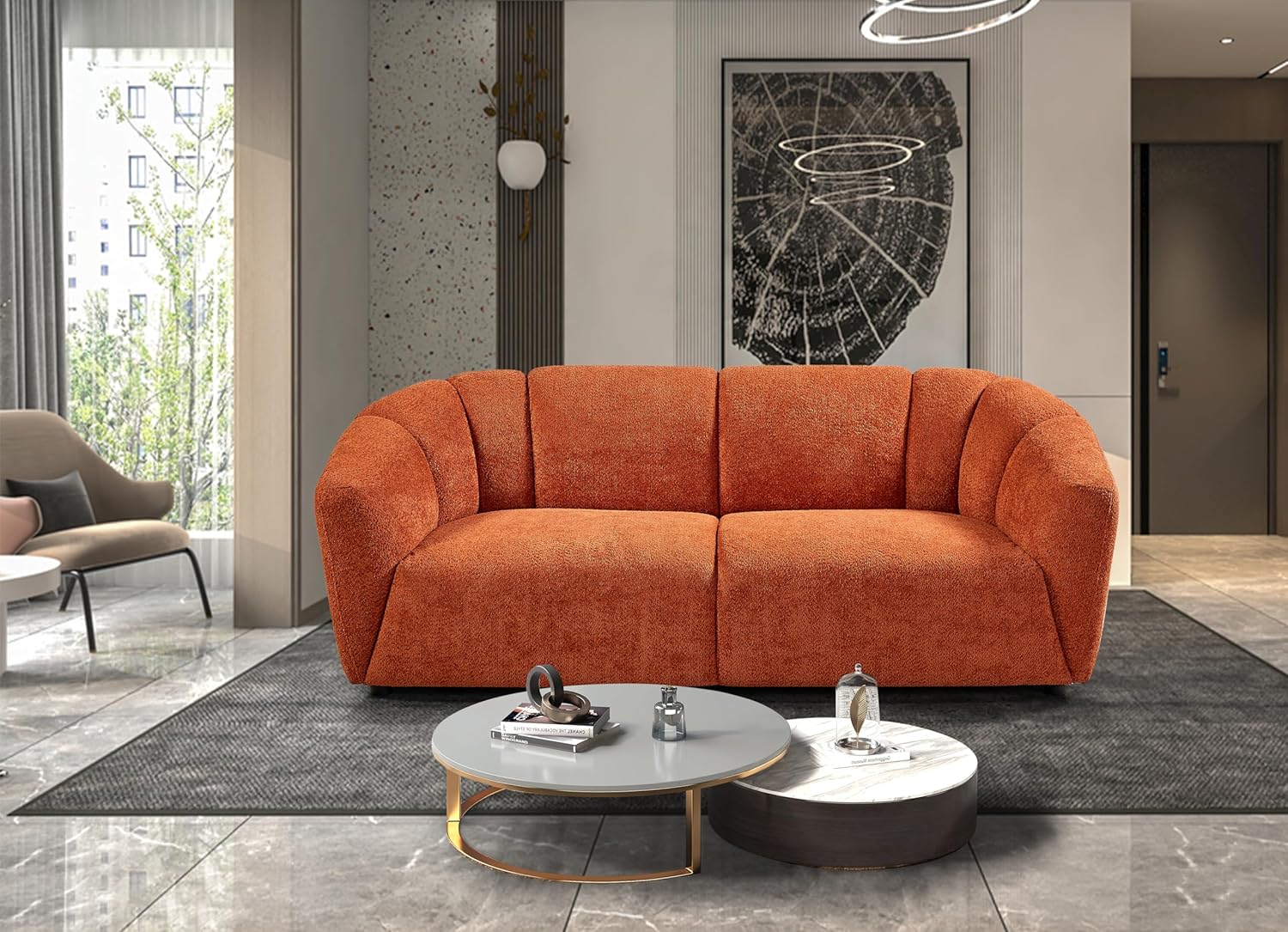Modern Sofa 3 Seater, Pearl Boucle Fabric Couch Loveseat, Tufted Barrel Back T-Shaped Seat Cushion, Plush Upholstered Sofa for Living Room (Orange, Large W78.35)
