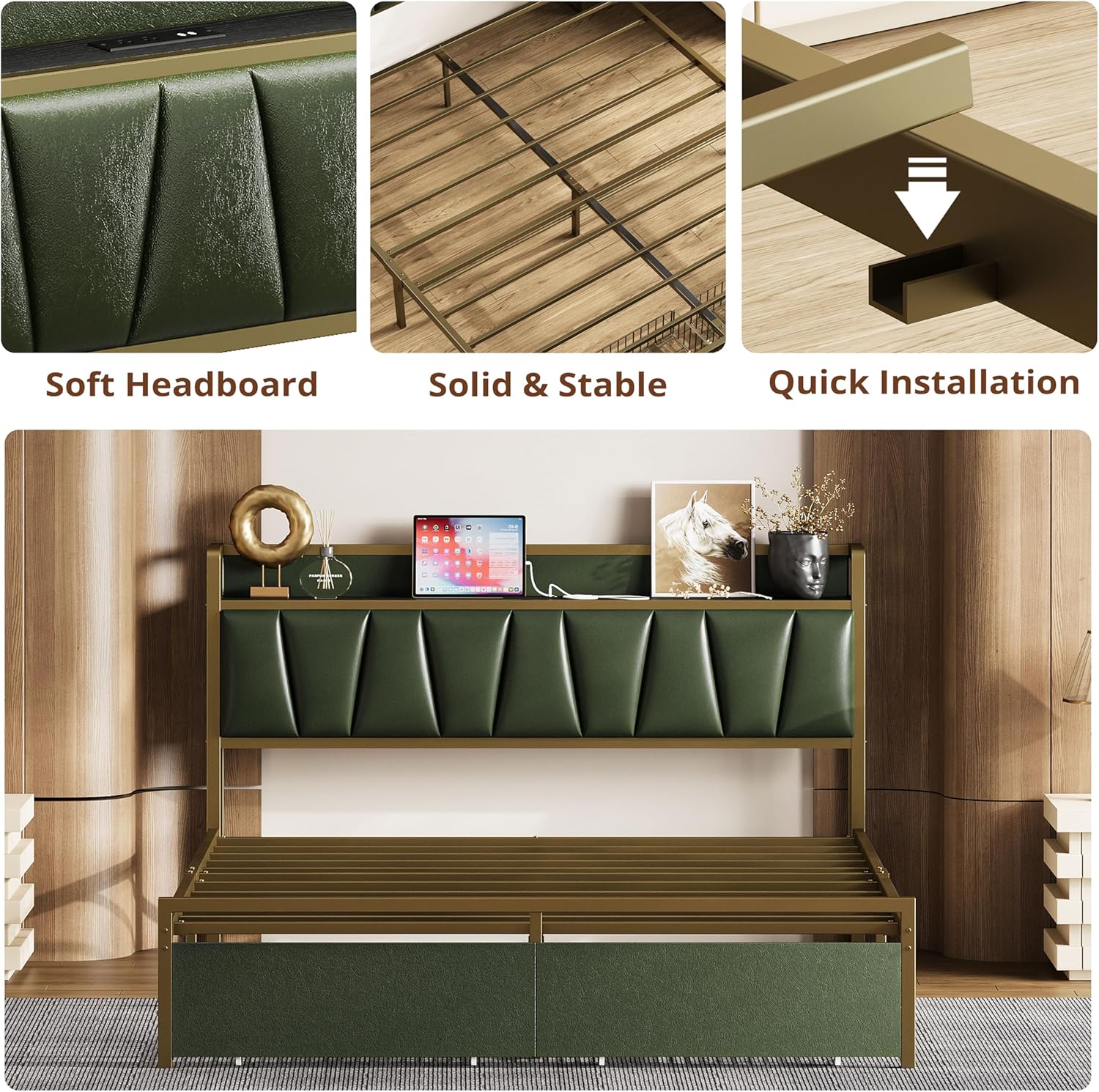 LIKIMIO Queen Bed Frame, Storage Headboard with Charging Station, Platform Bed with Drawers, No Box Spring Needed, Easy Assembly, Dark Green