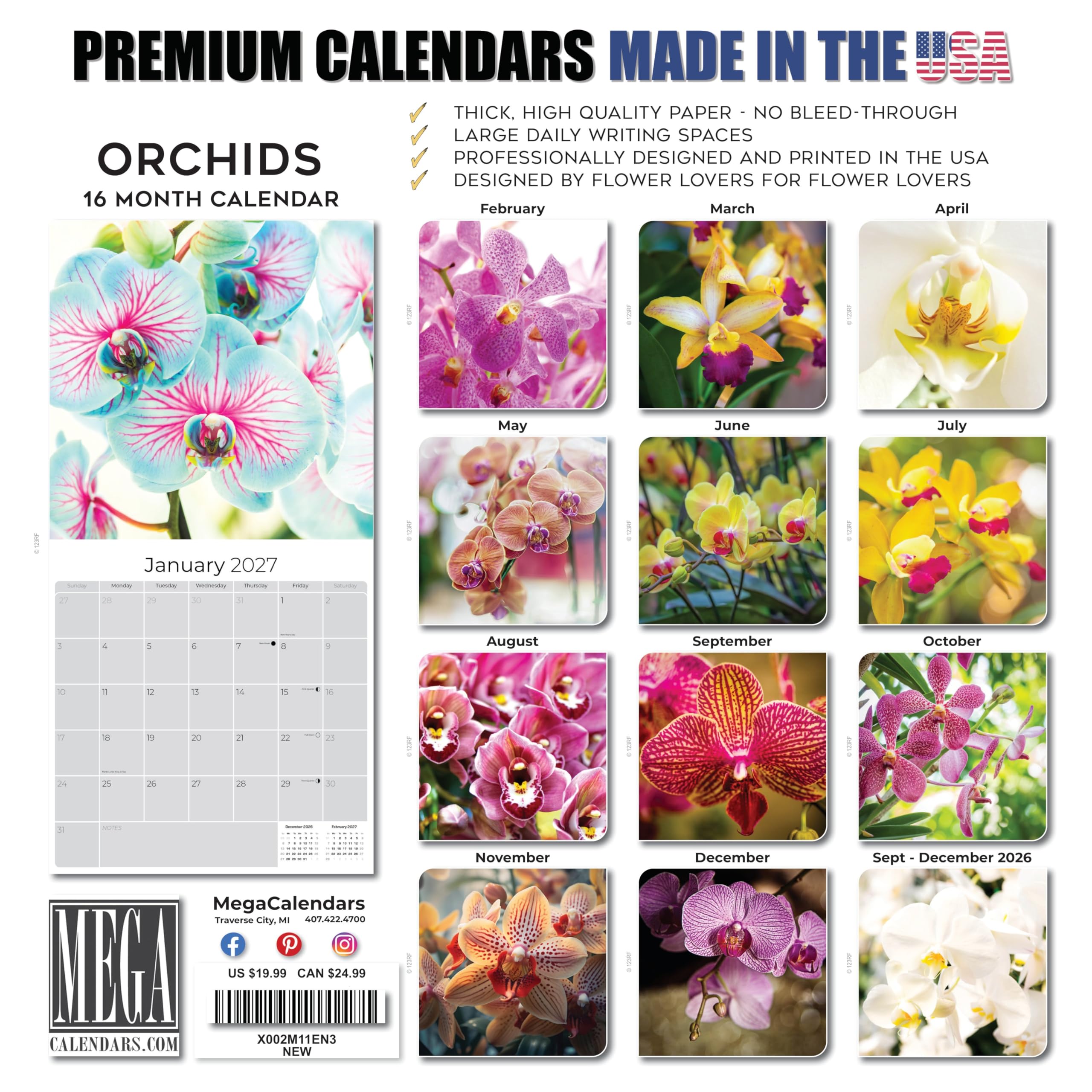 Calendario 2024 2025 con orchidee, calendario mensile da parete, 30,5 x 61 cm, aperto, carta spessa senza sbavature, idea regalo, calendario per insegnanti accademici, organizzazione e pianificazione