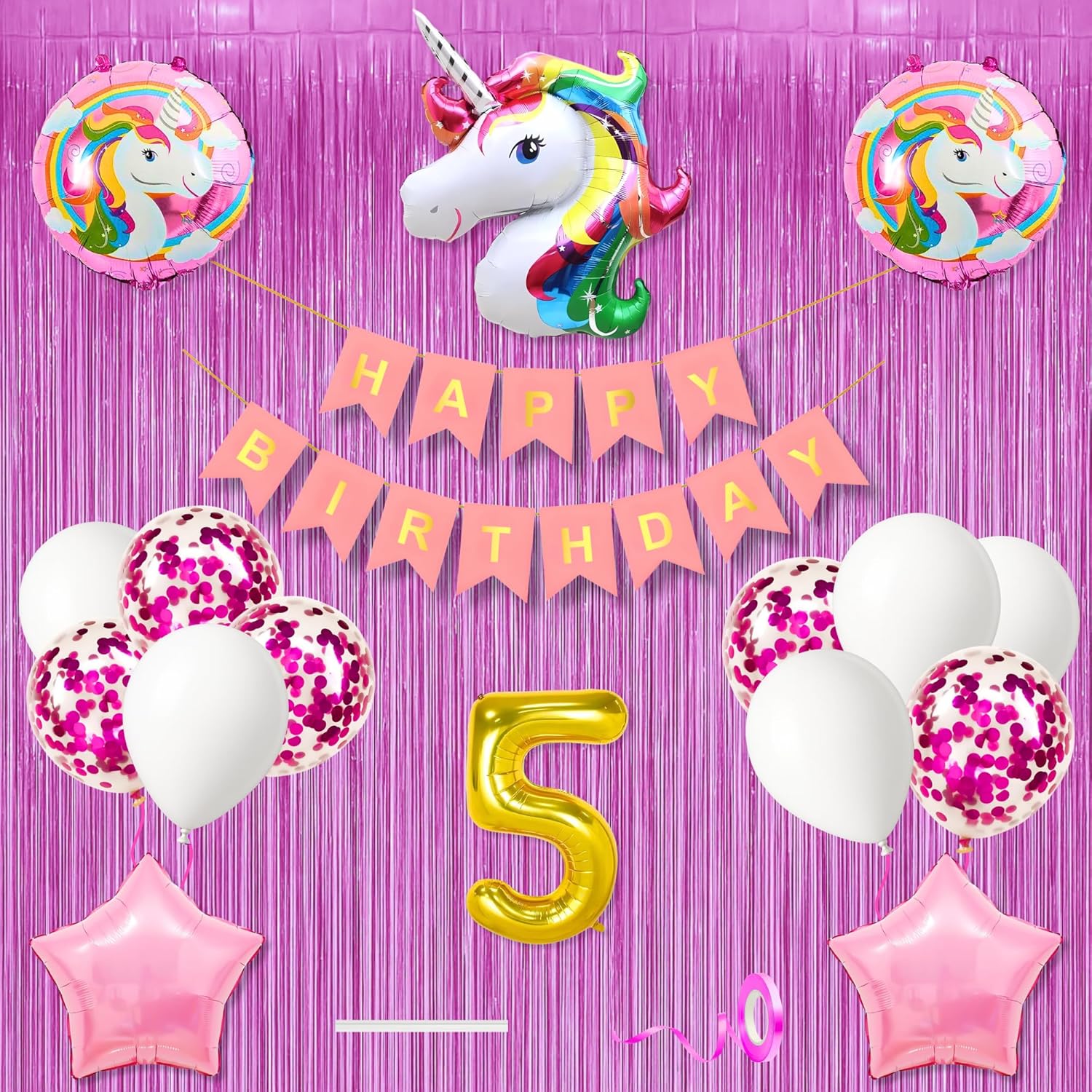 5th Unicorn Theme Happy Birthday Banner Decoration Kit Combo Light Pink for 5 year Old Baby Boys Girls Kids 5 Pc Unicorn Theme 10 Pc Confetti Metallic Balloons Foil Curtain Set Items 2 Pc Pink Star