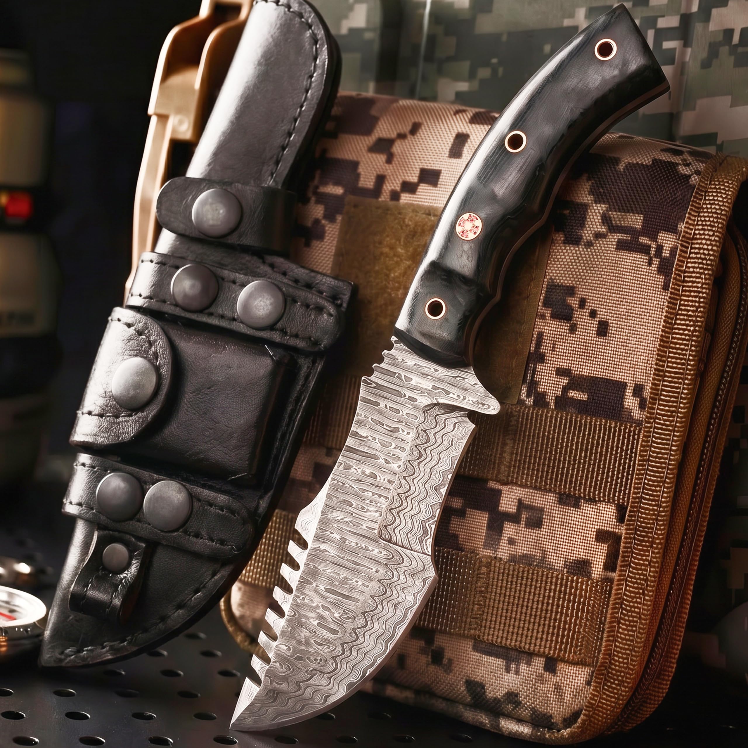 BIGCAT ROAR Black Jaguar - Coltello da Caccia in Acciaio Damasco Artigianale - Manico in legno di Ulivo e Fodero in Cuoio - Lama Fissa - Bushcraft Campeggio Sopravvivenza - Regalo Uomo Cacciatore