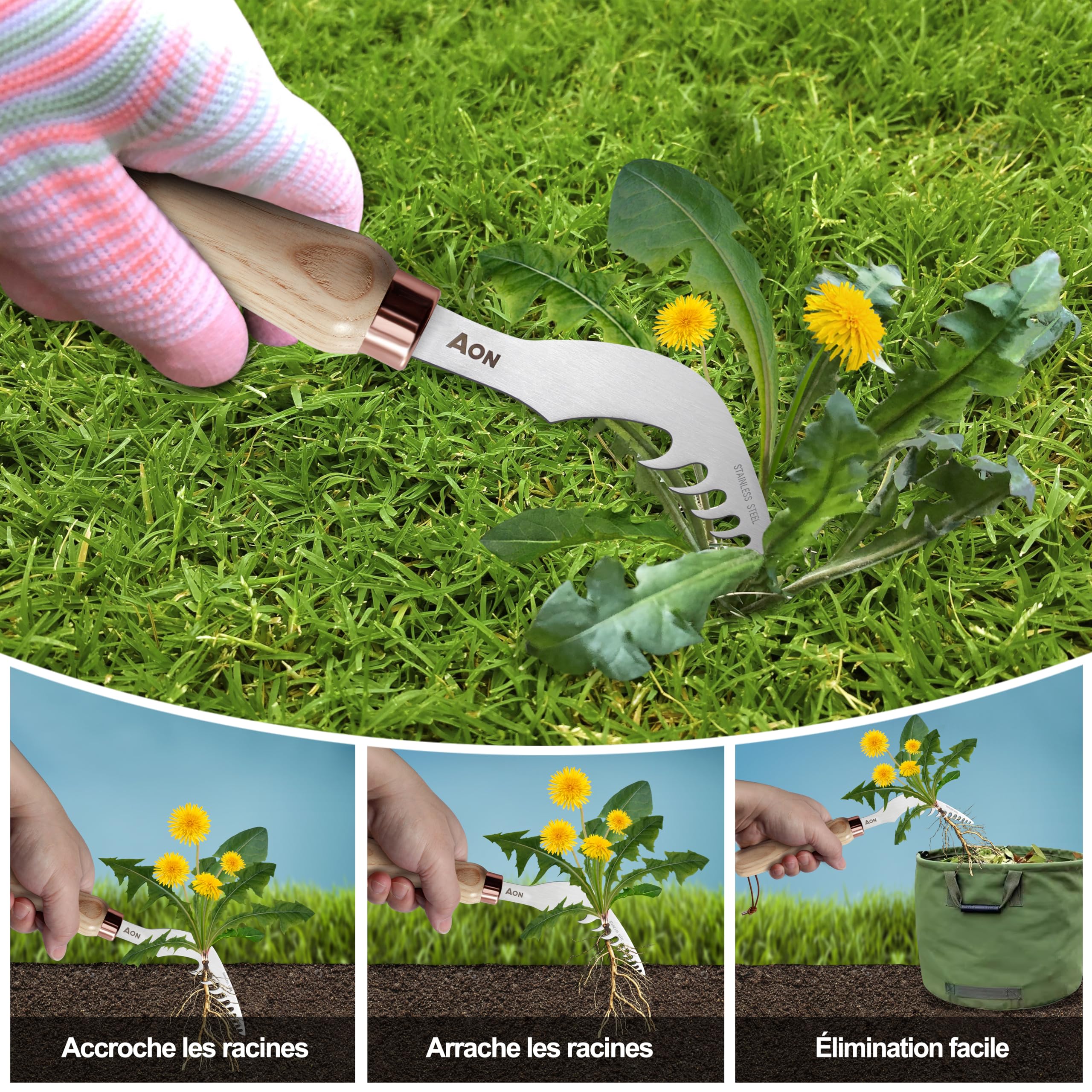 AON Set de 2 Désherbeurs Manuels Couteau Désherbeur Manuel en Acier Traité, Manches en Bois de Frêne, Idéal pour Jardins et Pelouses, Élimine avec Précision et Efficacité Mauvaises Herbes et Racines
