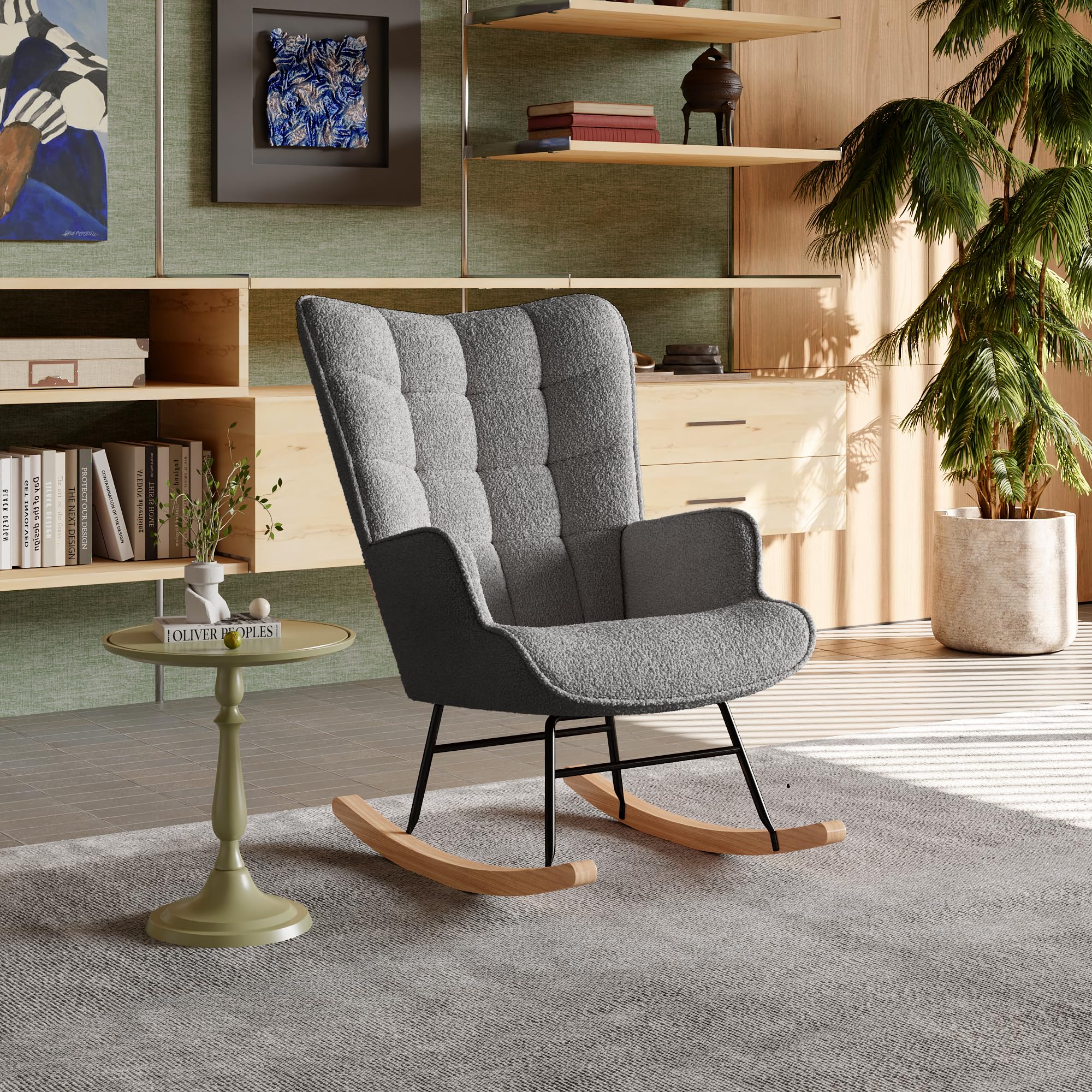 MEXUS Fauteuil à Bascule d'allaitement Teddy, revêtement Velours, Pieds en Bois Massif, avec accoudoirs, pour Salon, Chambre, Balcon.-75 x 68 x 92 cm (T x B x H) (Gris foncé)