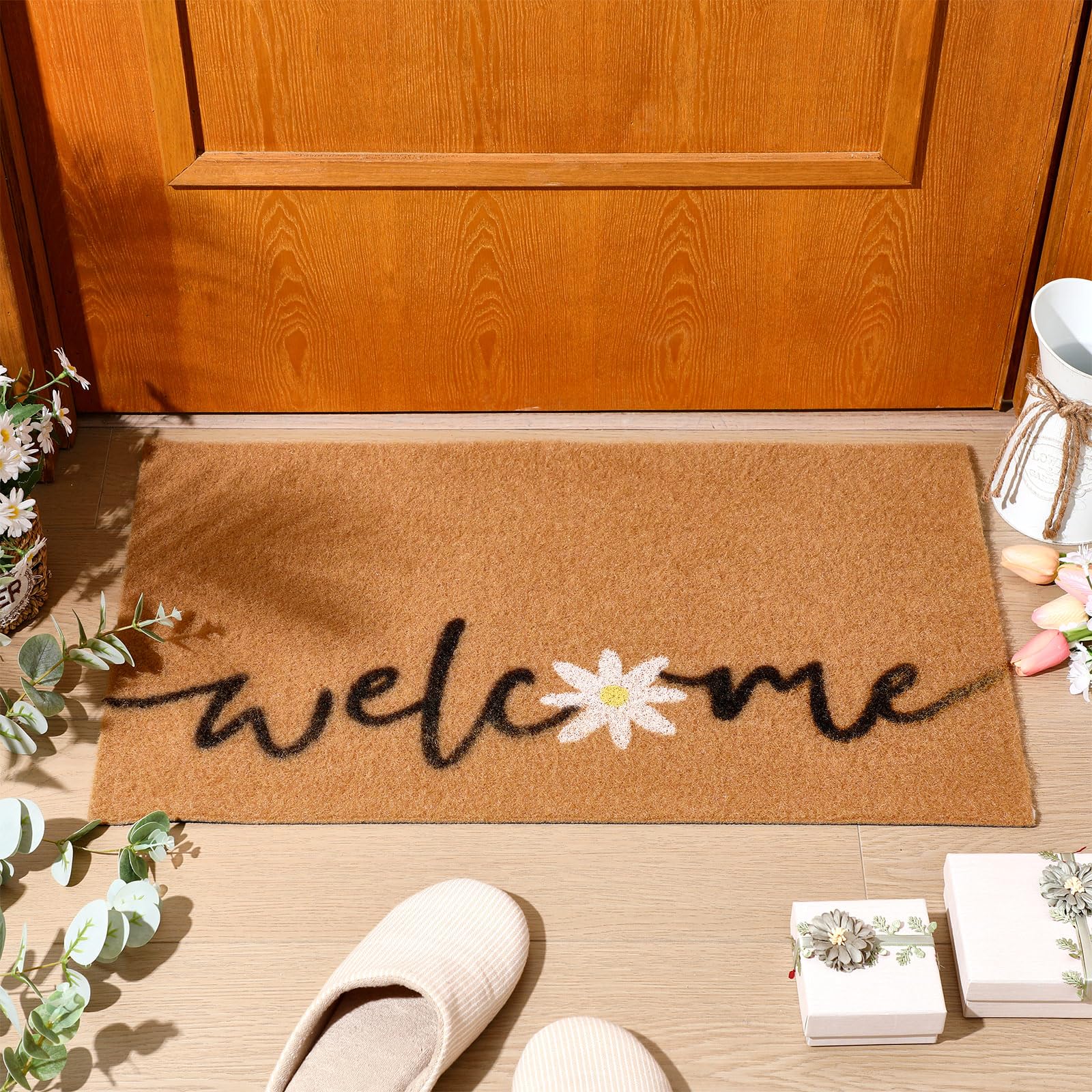 Photo 1 of Daisy Welcome Doormat Coir Floral Doormat Spring Indoor Outdoor Entrance Decoration Colorful Non Slip Flower Door Rugs for Front Easy Clean Entryway 29.5 x 17.7 Inch