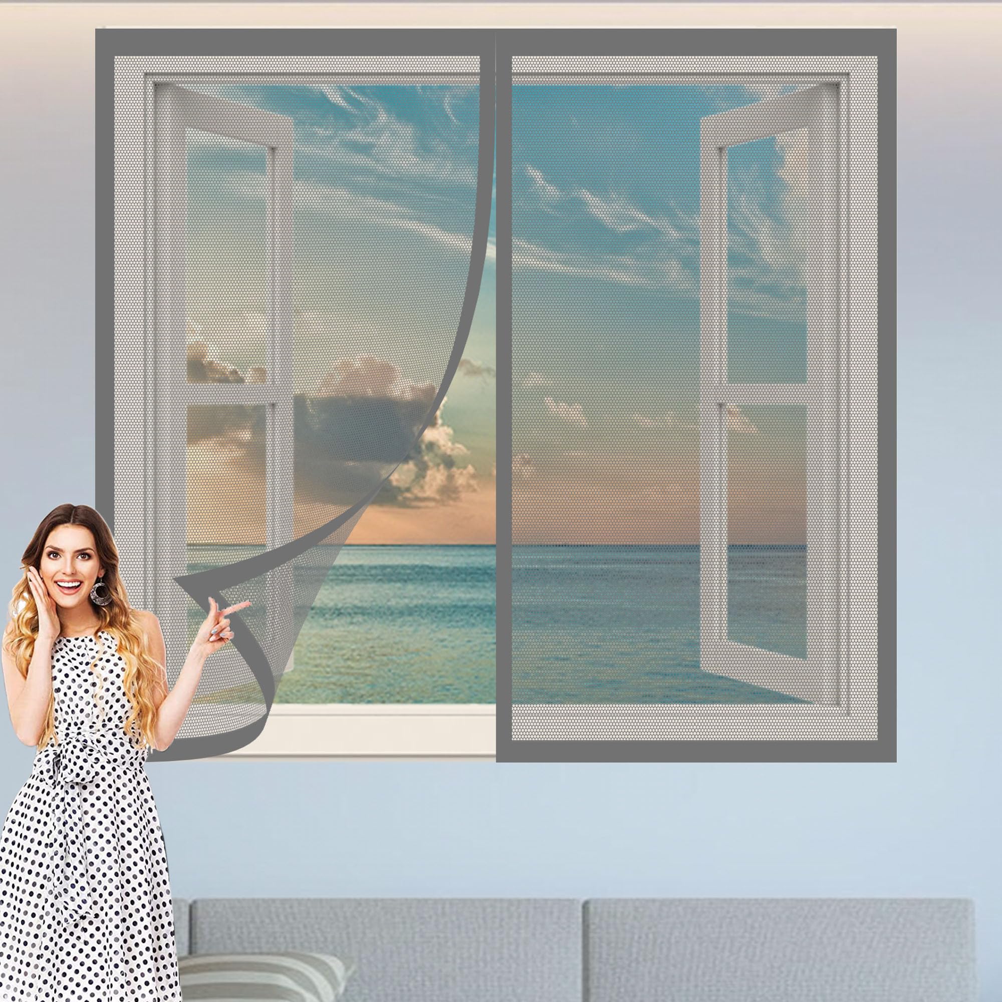 Magnetic Fly Screen Window 110 x 170 cm Prevents Insects Flies Mosquitoes from Entering The Room Window Nets Insects Custom Size for Windows Doors and Patio Screens, Grey