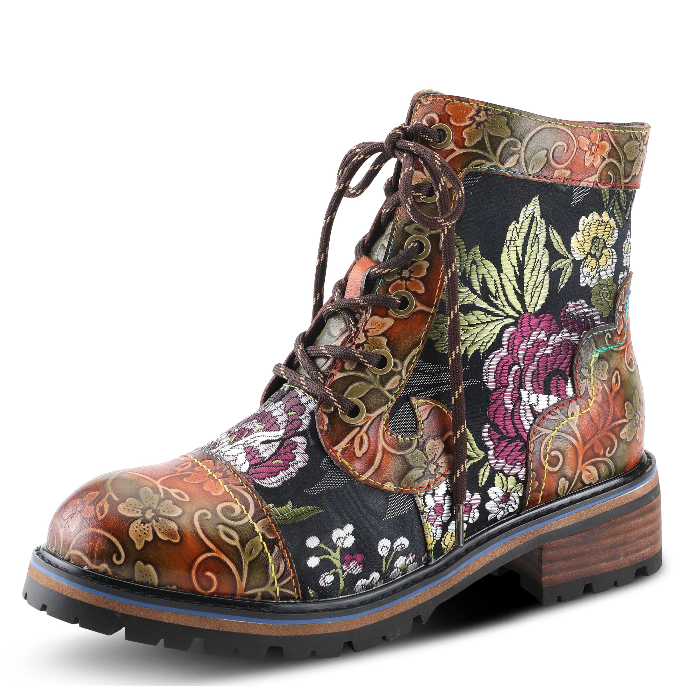 Spring Step L'Artiste Fantastic Booties for Women - Floral Hand Painted Womens Ankle Boots Low Heel - Everyday Wear Leather and Textile Western