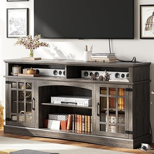 IRONCK Farmhouse TV Stand for 65 Inch TV, 32“Tall Entertainment Center with Power Outlets, Rustic TV Cabinet with Glass Door Media Console, TV Console for Living Room,Dark Rustic Oak