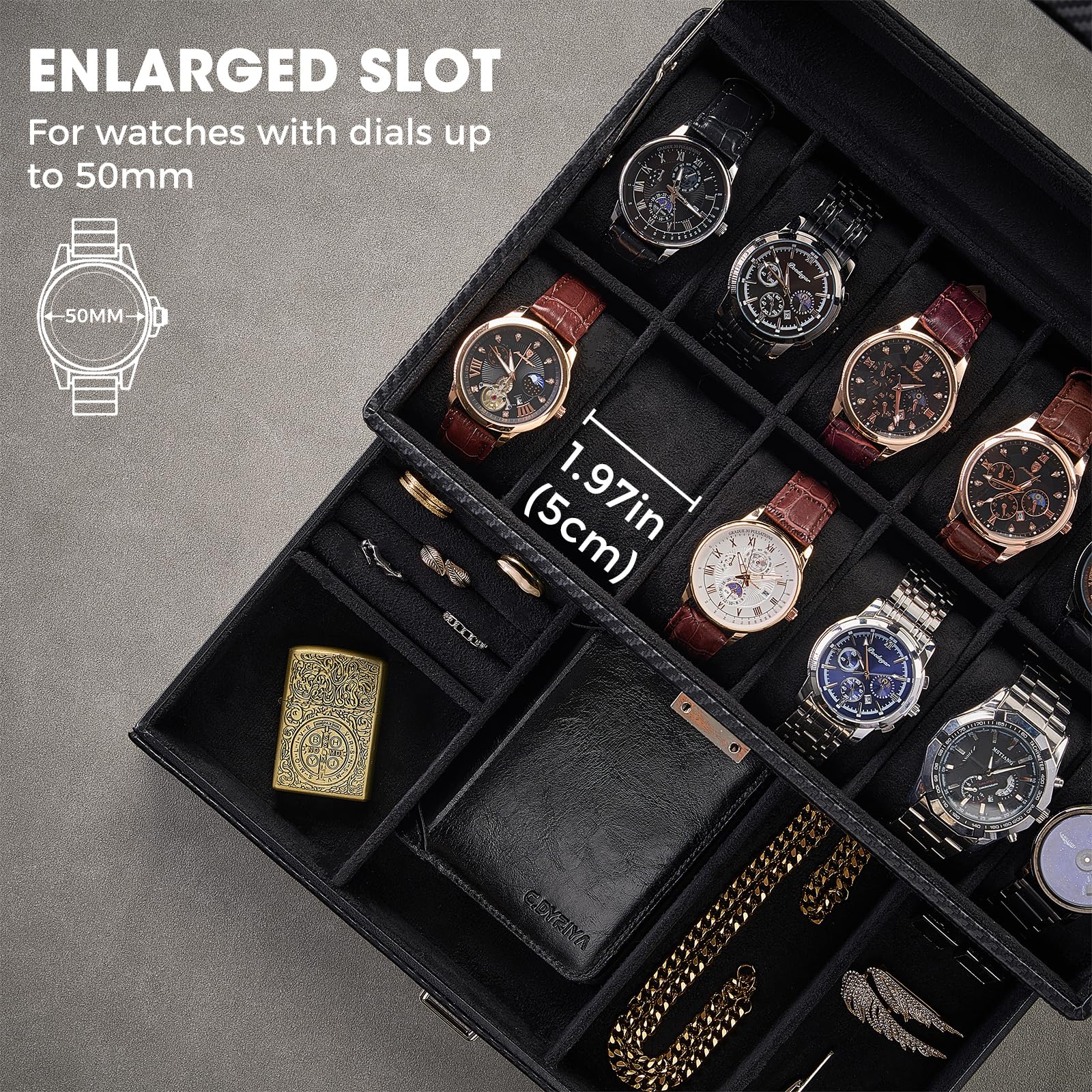 ProCase Scatola Orologio e Porta Orologi Uomo in Pelle PU Premium 12 Slot con Cassetto - Organizzatore per Anelli e Occhiali da Vista, Vetrina con Coperchio in Vetro, Tutto Nero