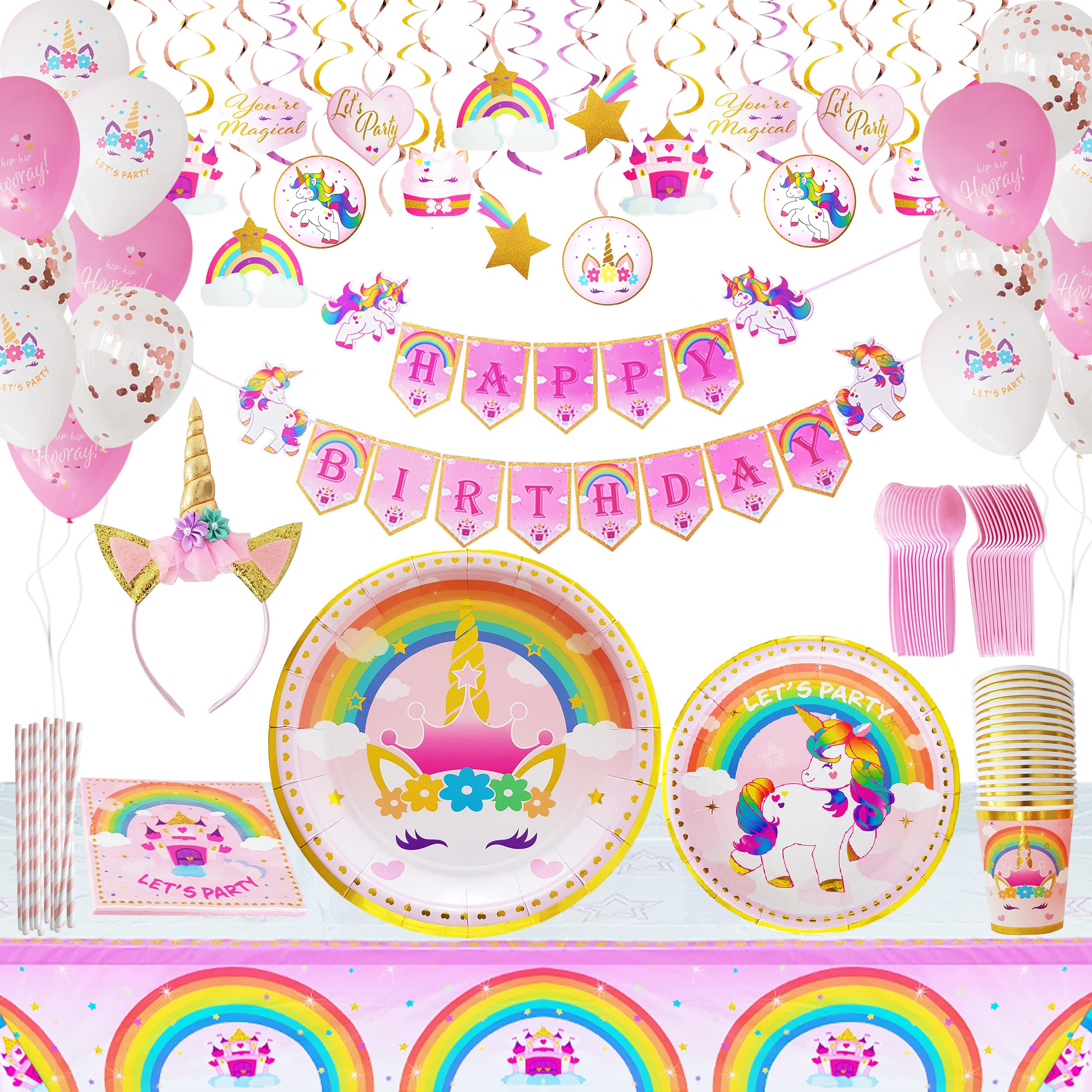 Unicorn Birthday Party Supplies - All in One Rainbow Unicorn Decorations for Birthday Party - Have a Memorable Unicorn Theme Party with this Rainbow Unicorn Birthday Decorations for Girls (Serves 16)