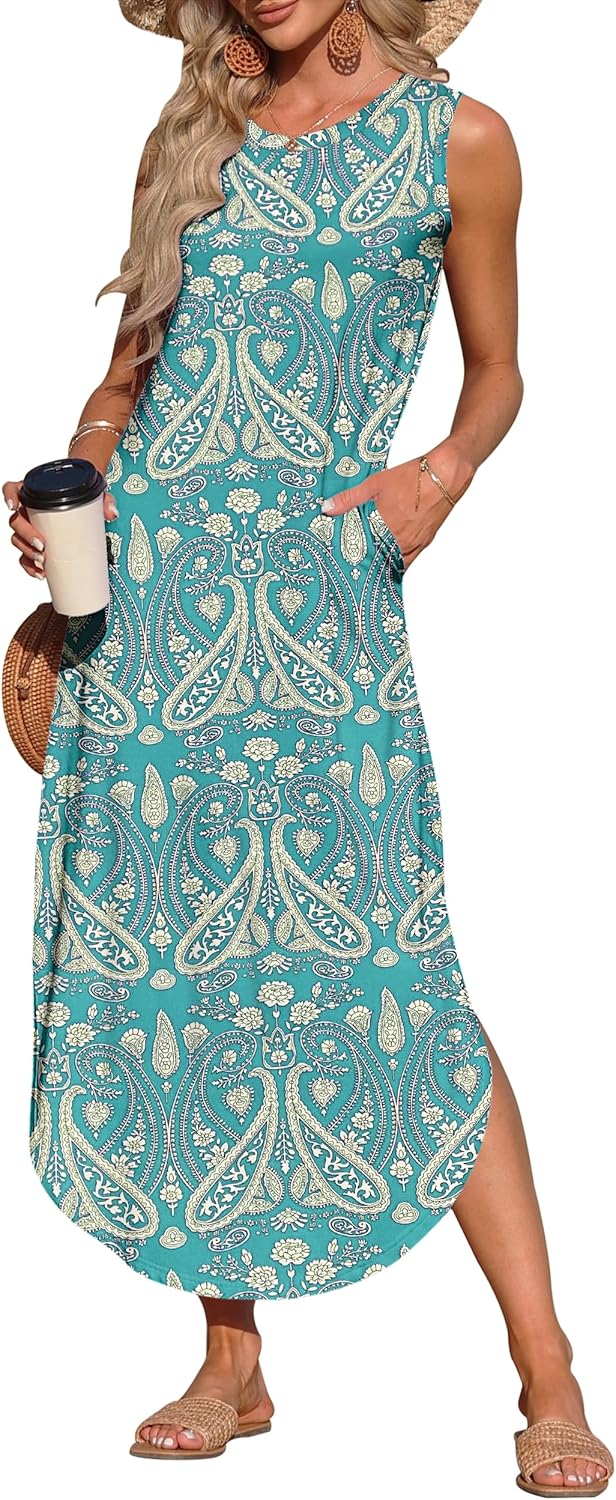 AUSELILY Womens Summer Dresses 2025 Casual Sleeveless Maxi Dress Loose Crewneck Sundresses Split Long Tank Dress with Pockets