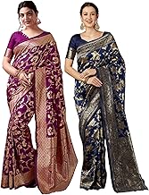 SIRIL Women's Banarasi Silk Jacquard Saree With Unstitched Blouse Piece Combo Pack Of 2