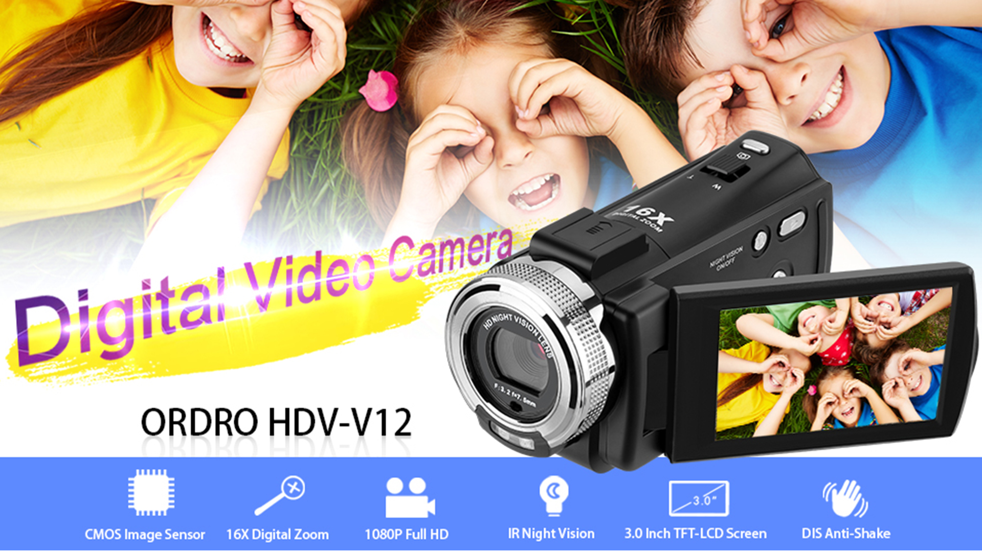 ORDRO Camcorders HDV-V12 HD 1080P Video Camera Recorder Infrared Night Vision Camera Camcorders with 16G SD Card and 2 Batteries