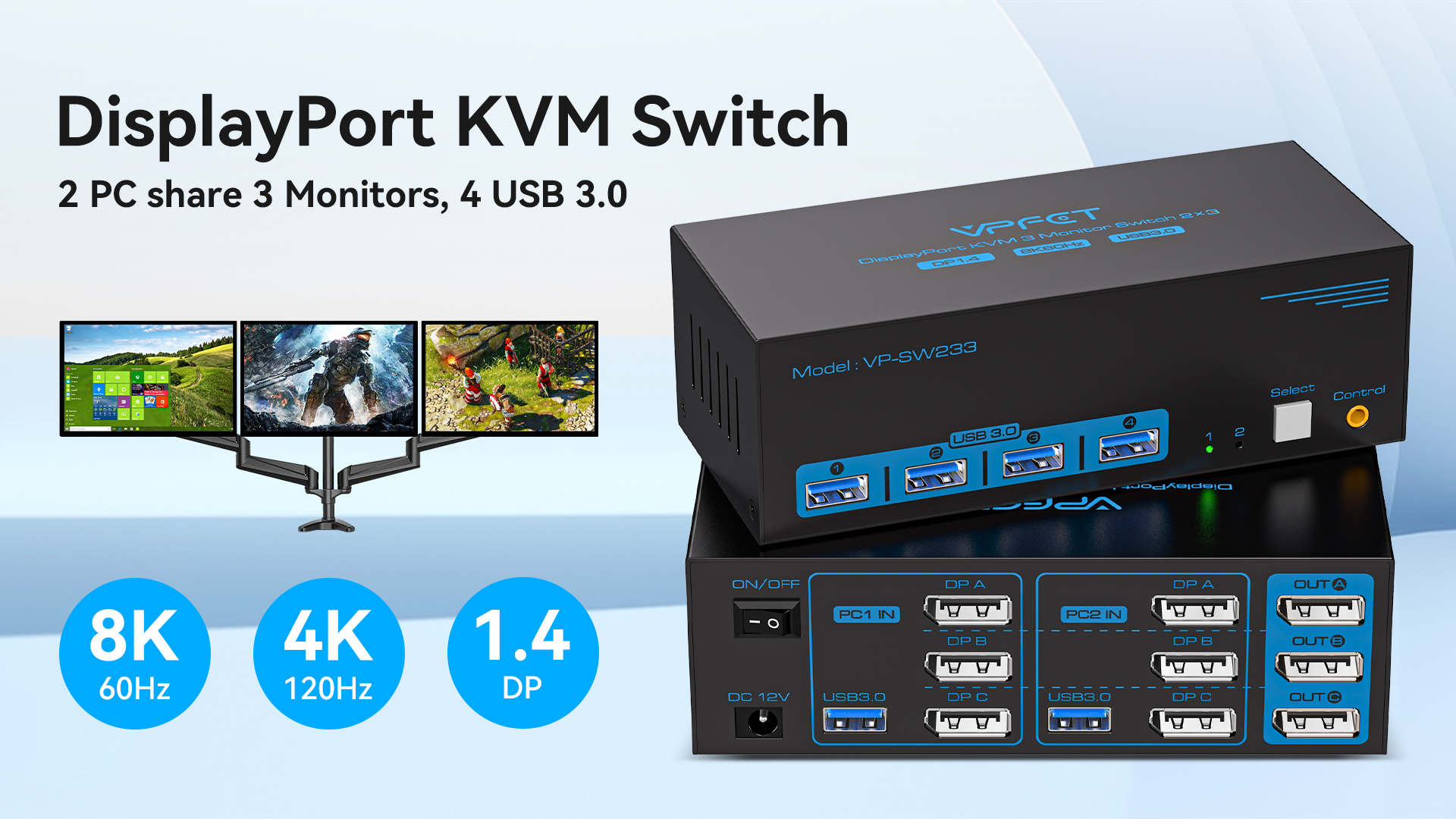 Image of 8K@60Hz KVM Switch 3 Monitors 2 Computers Displayport 4K@120Hz DP KVM Switches Triple Monitor Dual Port for 2 PC /Laptops Share 4 USB 3.0 Ports Support Extended & Duplicate Display Mode