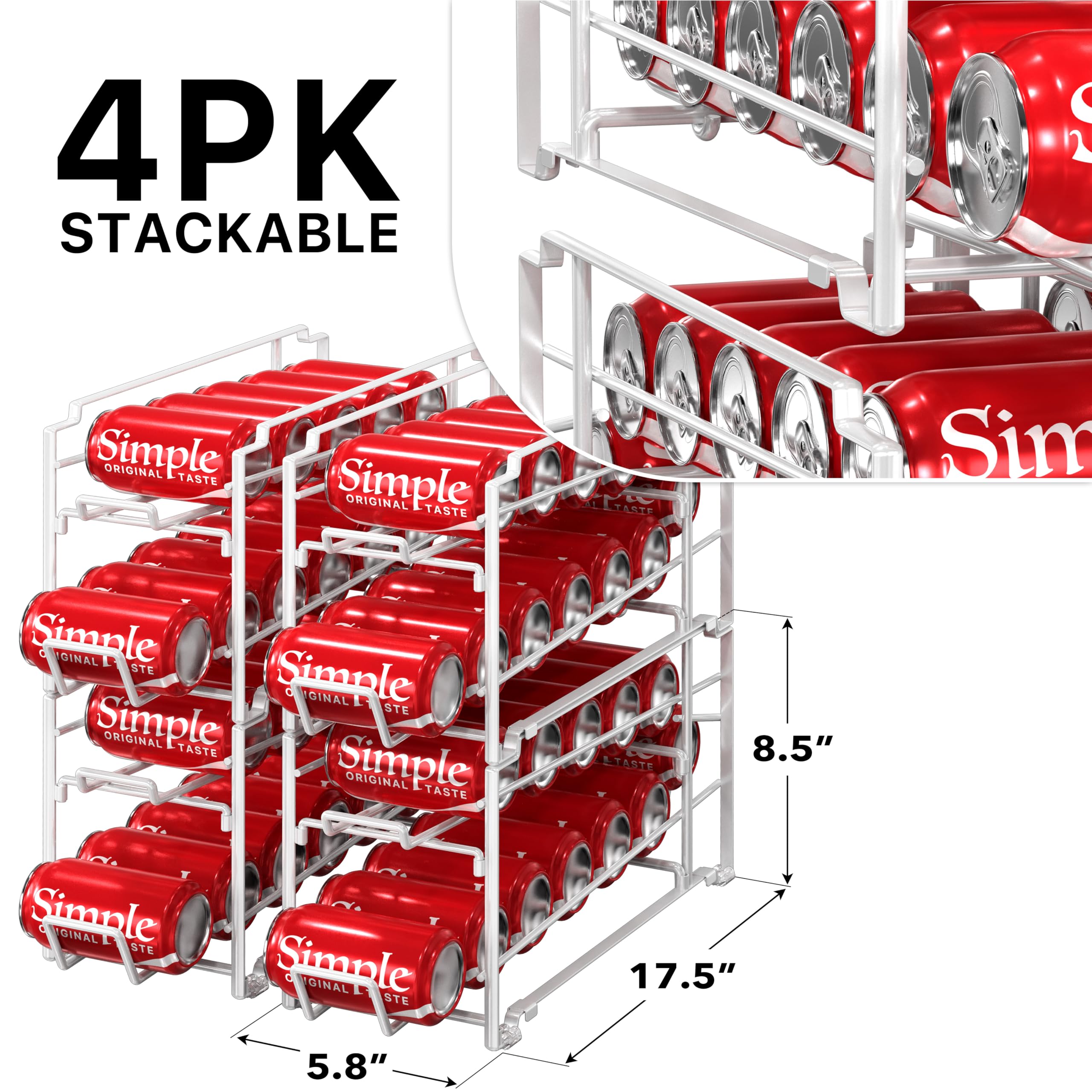 Simple Houseware Getränkedosen-Organizer, stapelbarer Regalspender für Speisekammer/Kühlschrank, 4 Stück, weiß