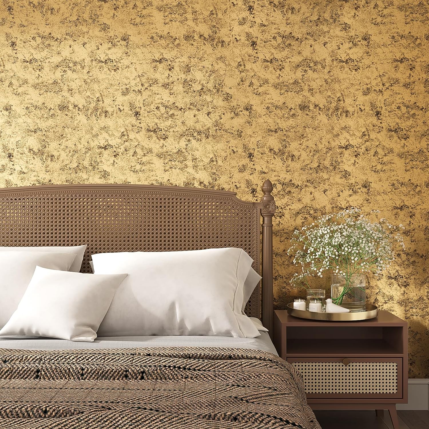 VEELIKE Luxury Gold Peel and Stick Wallpaper Textured Metallic Wallpaper Gold Contact Paper for Cabinets Shelves Accent Walls 24''x354'' Self Adhesive Removable Golden Wall Paper for Bedroom Bathroom