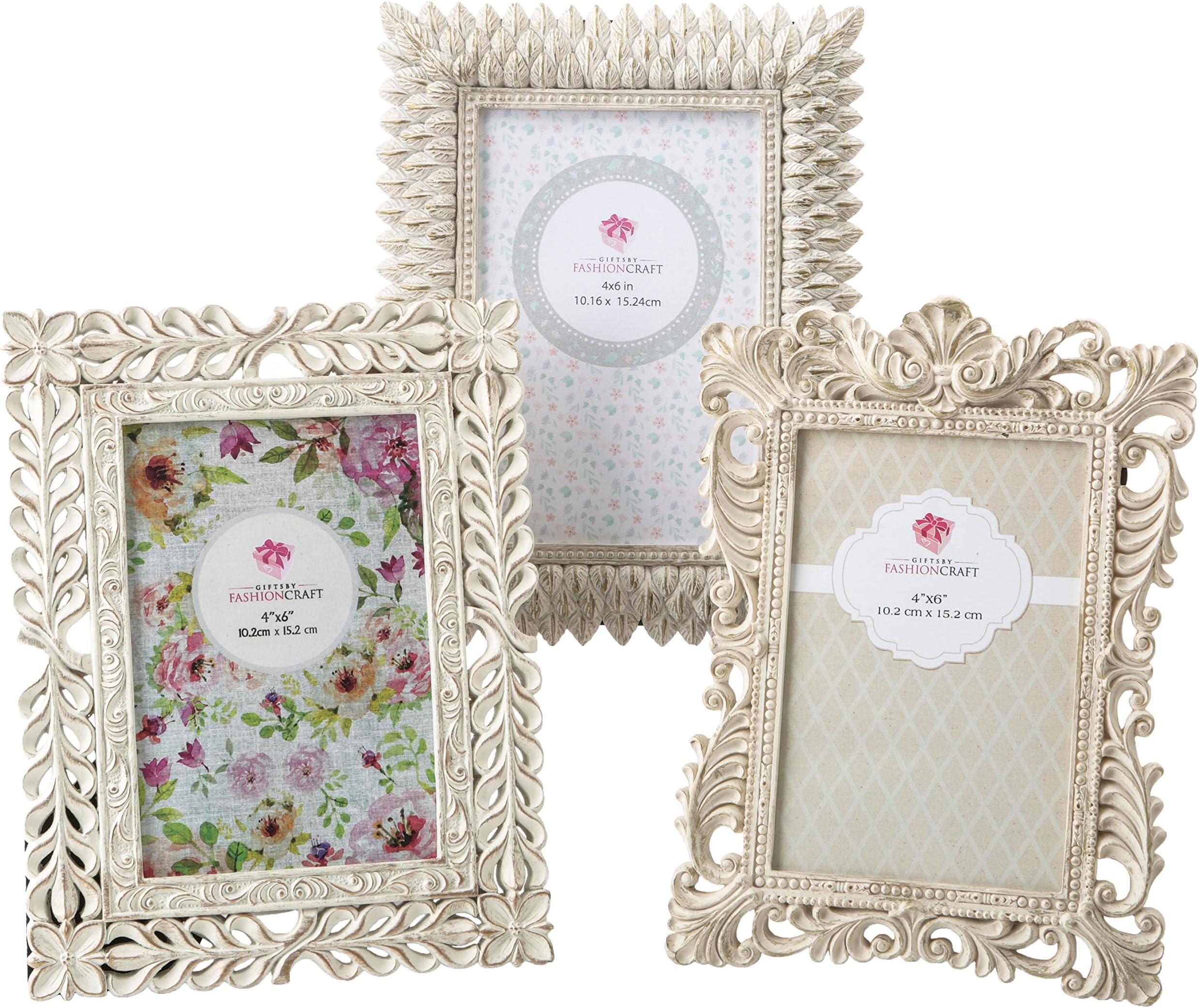 Vintage Baroque Ornate Antique Picture Frames ~ Set of 3 for 4x6 Inch Photos, Ivory Coated and Brushed with Gold and Silver Accents ~ Perfect for Wedding Vacation Graduation Or Any Milestone Photo