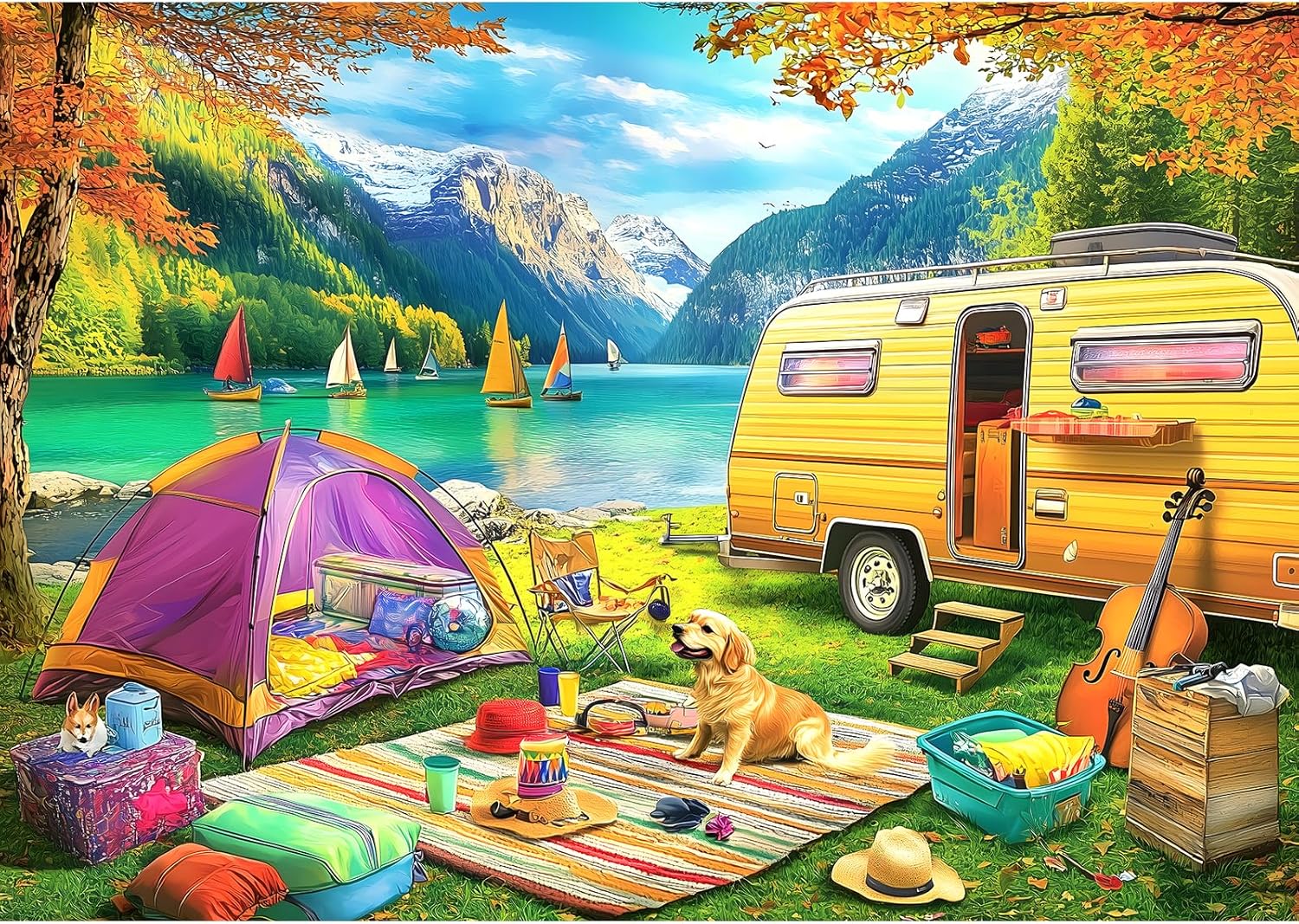 1000 Pieces Puzzles for Adults, Charming Outdoor Mountain Lake Camping Jigsaw Puzzle for Family Fun Decoration, Gifts, Party Game, Finished Size 27.5" x 19.7"