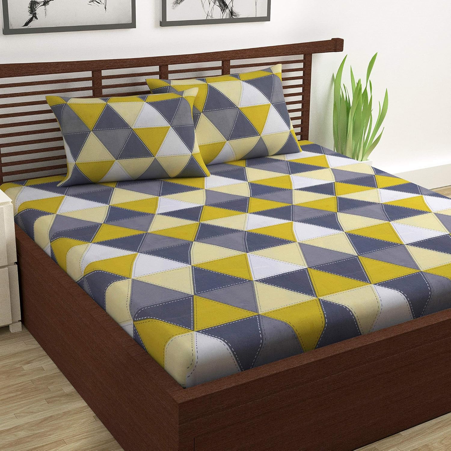 Divine Casa A Quality Triangle Cotton Blend Double Bedsheet with 2