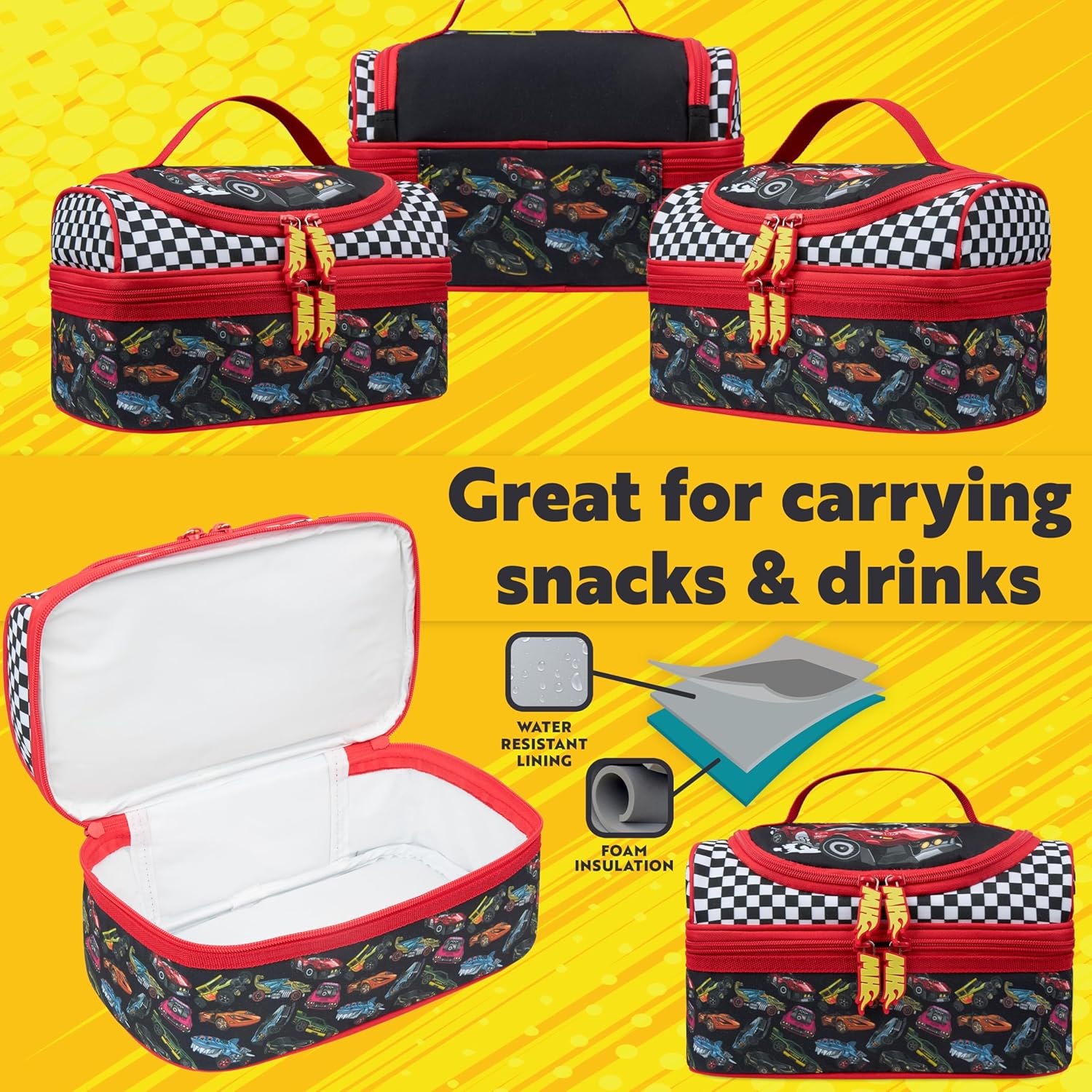 Get Trend Hot Wheels Lunch Bag Cute Insulated Lunch Box with Two Compartments for Picnic Snacks Cooler Bag Gifts for Kids (Multi Hot Wheels) - Image 3