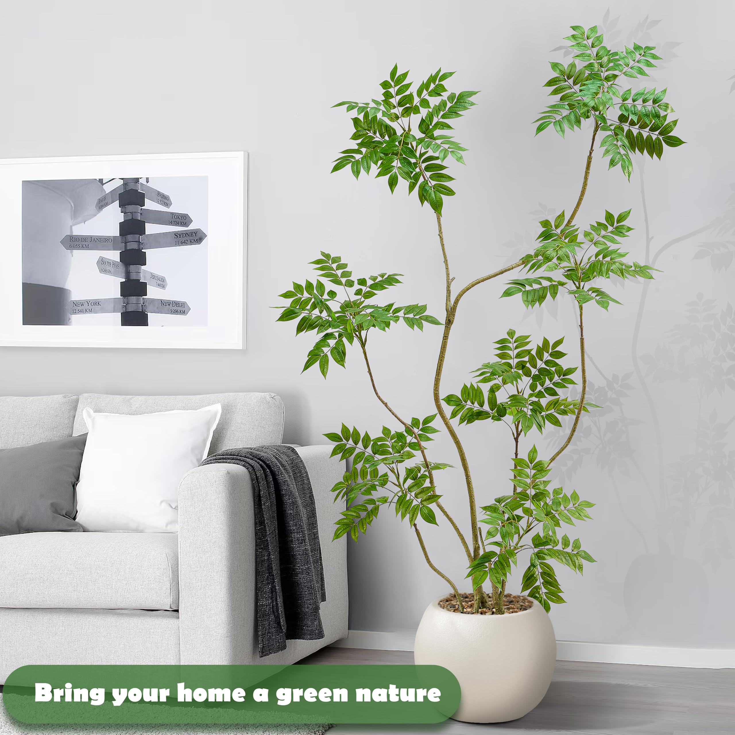 Künstlicher Mahonia Fortunei Baum 180 cm, Kunstpflanzen Groß mit Weiß Topf | Kunstpflanze Sumachbaum Plastik Pflanze Kunstbaum für Zimmer Wohnzimmer Schlafzimmer Büro Terrasse Balkon Garten Deko