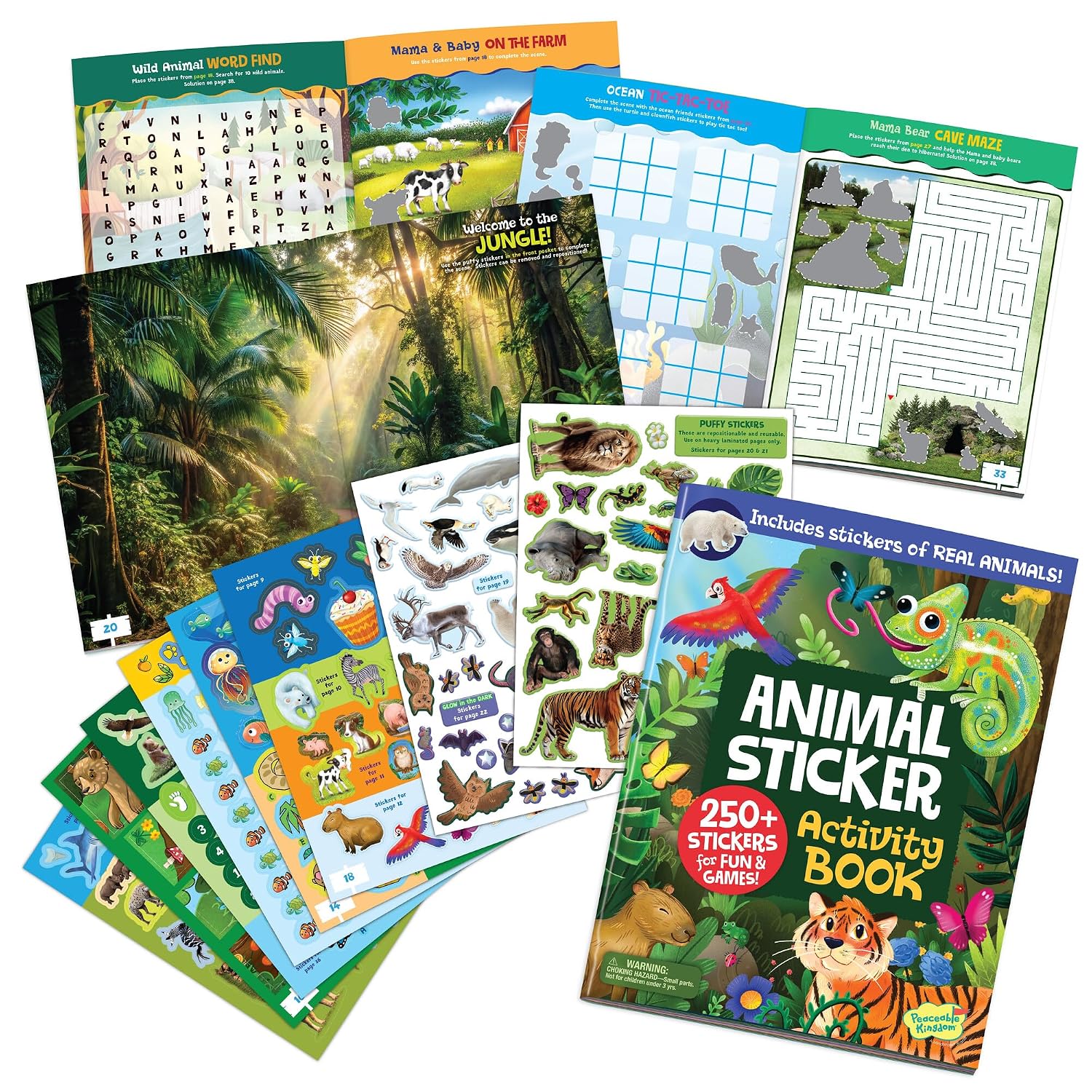 Peaceable Kingdom Animals Sticker Activity Book – 200+ Colorful Stickers, 38 Pages of Coloring, Puzzles & Reusable Puffy Sticker Scenes for Ages 3+      Staple Bound – Sticker Book, August 1, 2025