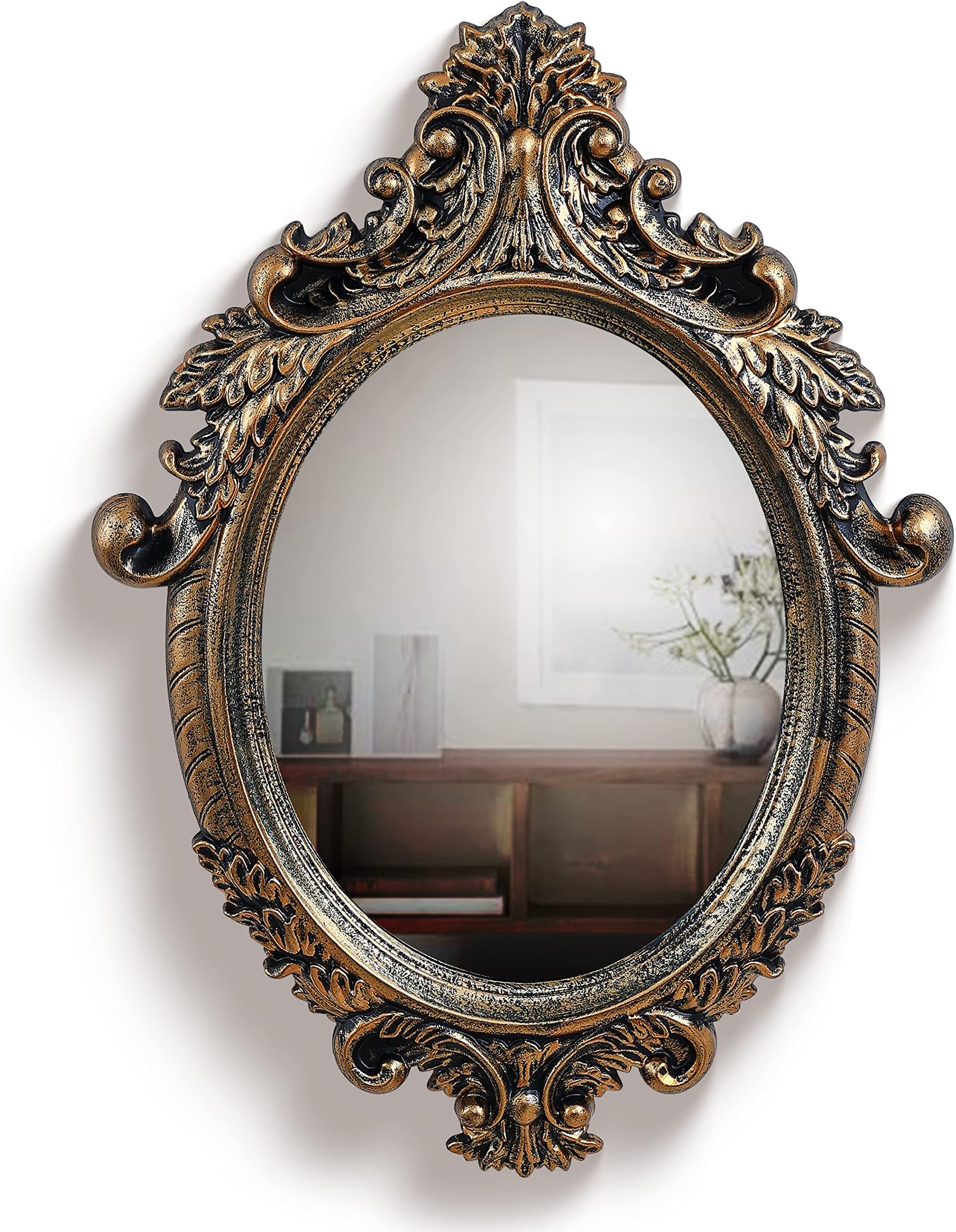 ABOUT SPACE Antique Wall Mirror - MDF Frame with Ornate Elliptical Design Vintage Wall Mount Mirror for Bathroom, Bedroom, Vanity, Foyer (Bronze - 64 x 46 cm)