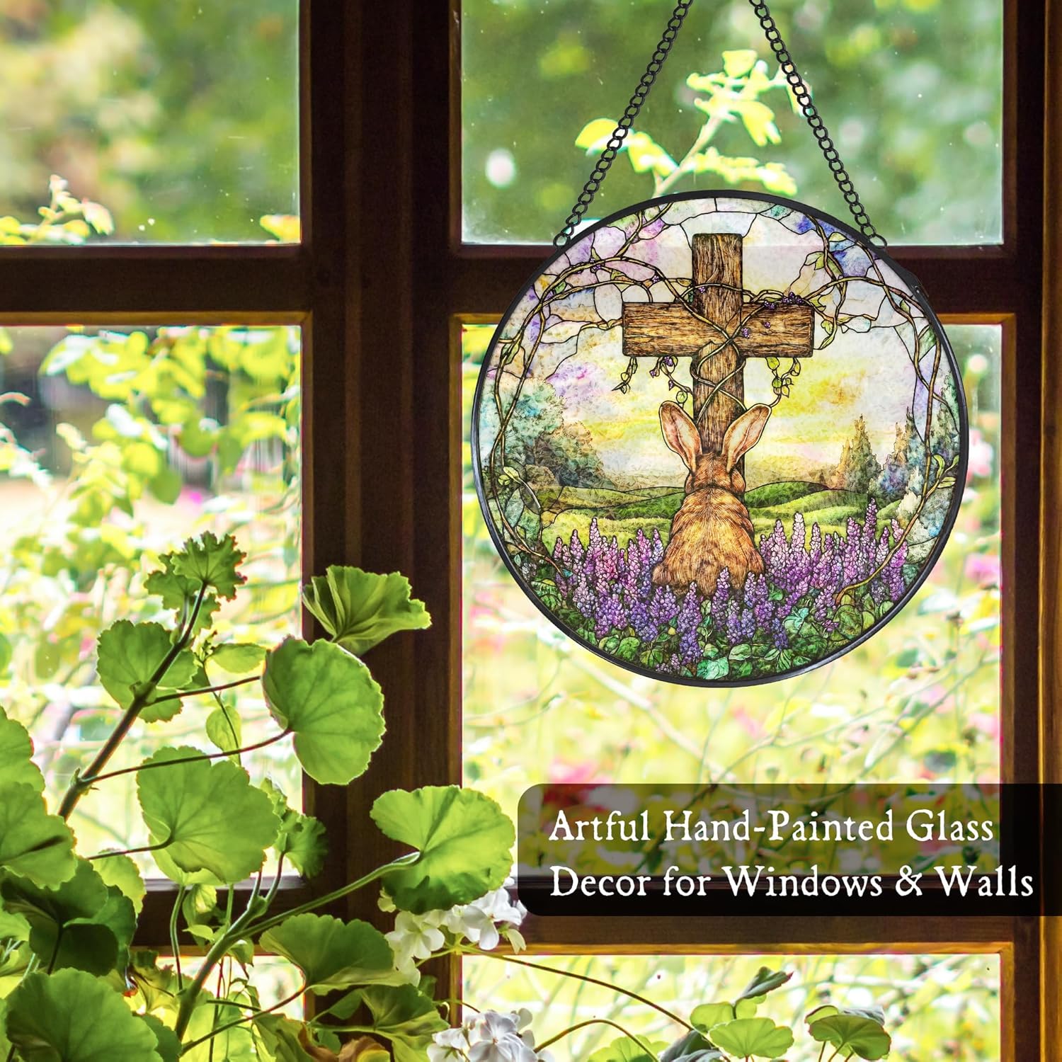 Easter Bunny Cross Stained Glass Window Hanging Suncatcher Gifts for Women, Easter Rabbit Sun Catcher Indoor Window Decor, Rustic Painted Glass Wall Hanging Decorations for Home 7.8x7.8 in