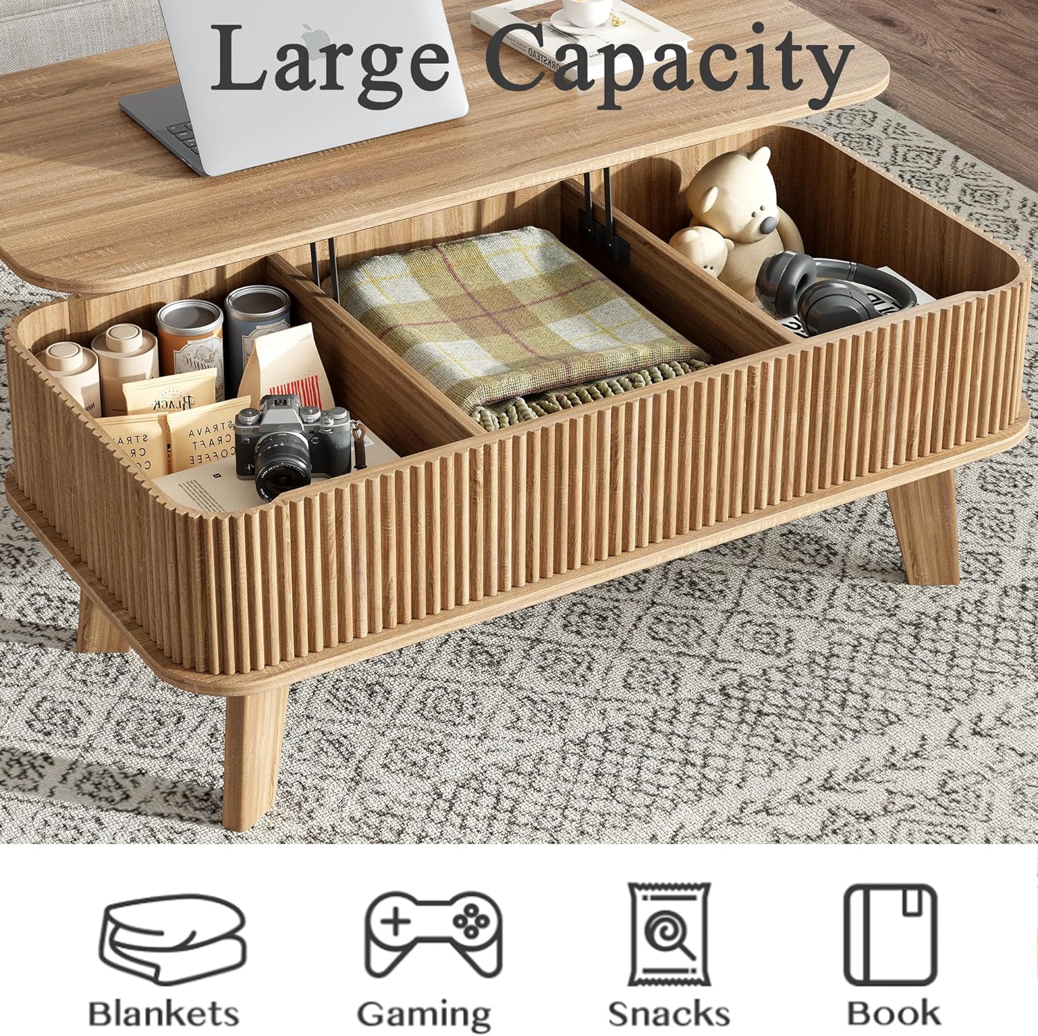 Fluted Lift Top Coffee Table with Storage, Modern Wood Coffee Table Retro Center Table with Hidden Lifting Table Top Compartment for Living Room, Home, Office, Natural