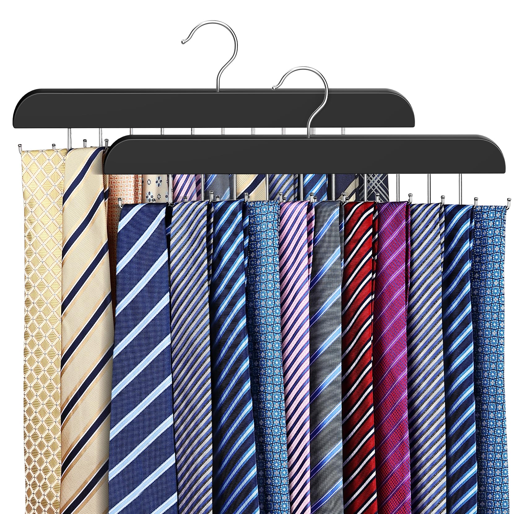 2 Pack Tie Hanger Space Saving, Wooden Tie Organizer for Men with 40 Hooks