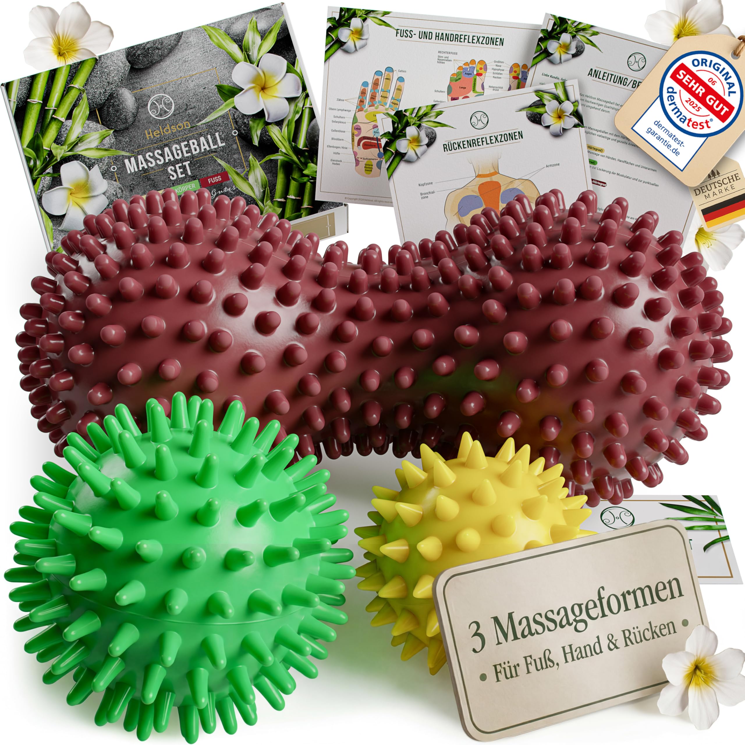 HELDSON® Premium Massageball 3er Set inkl. Peanut ball - Igelball Fußmassage hart - Noppenball - Igelbälle klein - Faszienball Rücken - Massage Ball Faszien - Massageball Fuß - Stachelball Noppen