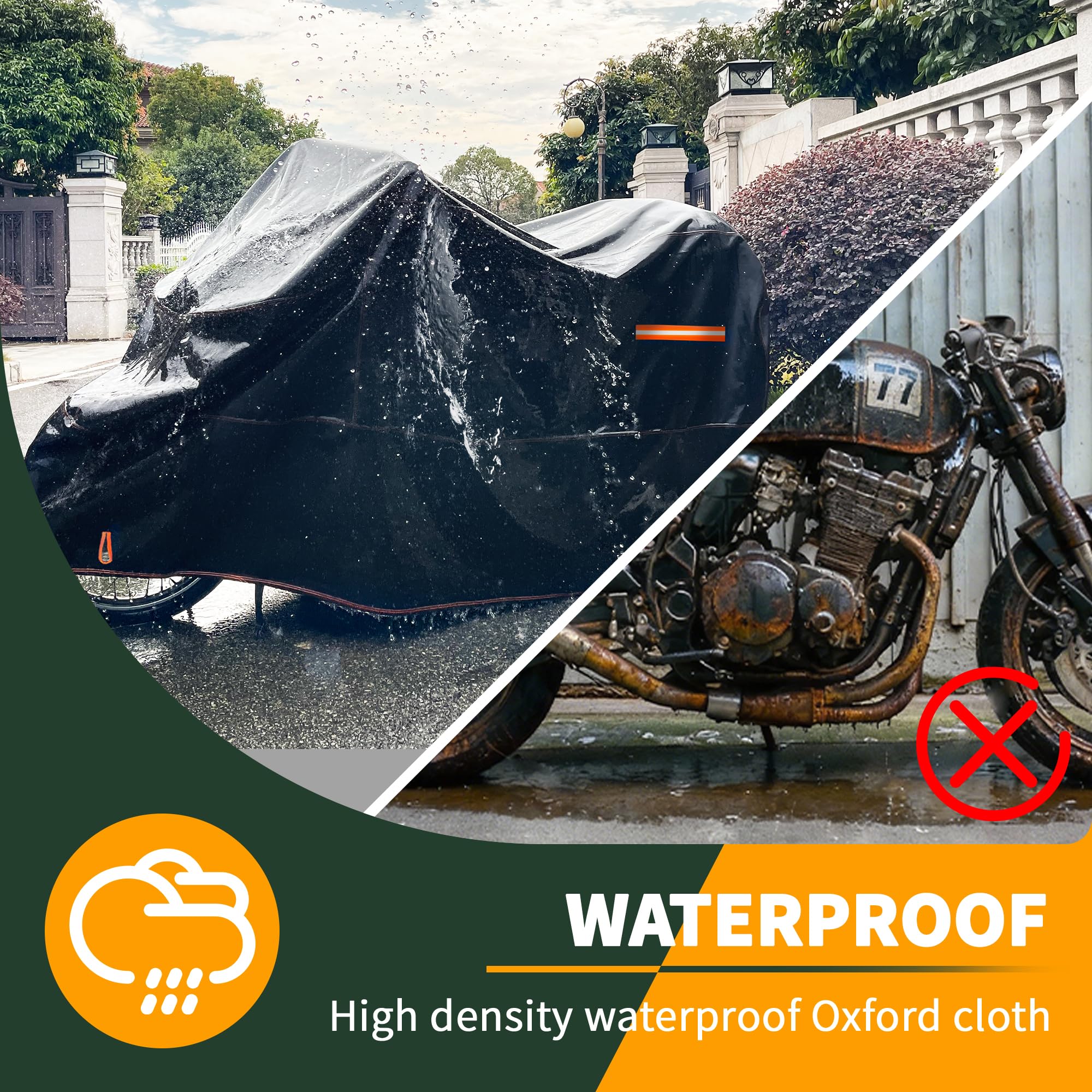 Enzeno Plandeka na motocykl, 246 x 105 x 125 cm, wodoszczelna, odporna na promieniowanie UV i wiatr, plandeka Oxford 600D, odporna na zimę, na motorower, skuter i skuter