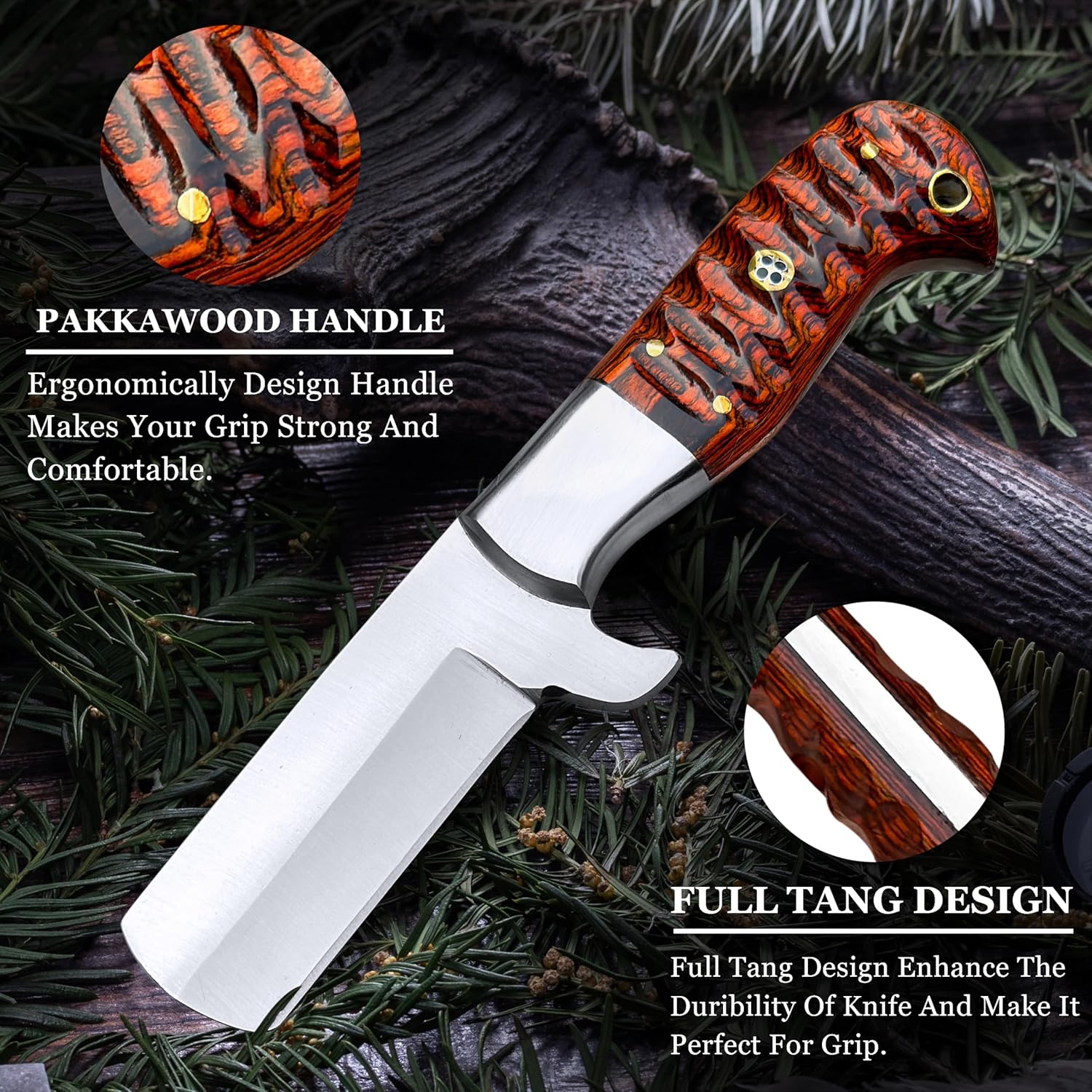 Handmade Damascus Bull Cutter Knife- 7” Sharp Cowboy Knife with Leather Sheath - BOCB, Black & Orange