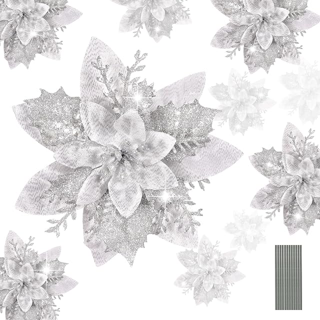 HCSSZ 12pcs Christmas Glitter Artificial Poinsettia Flowers with 12pcs Stems for Wedding Christmas Tree Faux Flowers New Year Ornaments Xmas Garland Wreath Decorations(Silver)