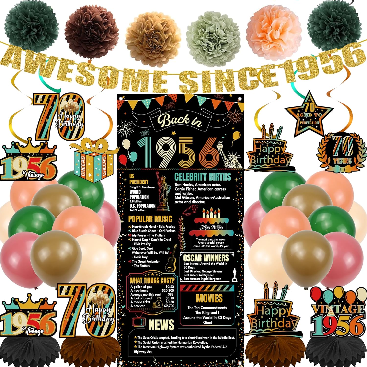 Vintage 70th Birthday Decorations Banners - 38 Pcs Banner Back in 1956 Backdrop Hanging Swirls Honeycomb Table Decoration Paper Pompoms Balloons for Men Women 70 Years Old Birthday Party Supplies