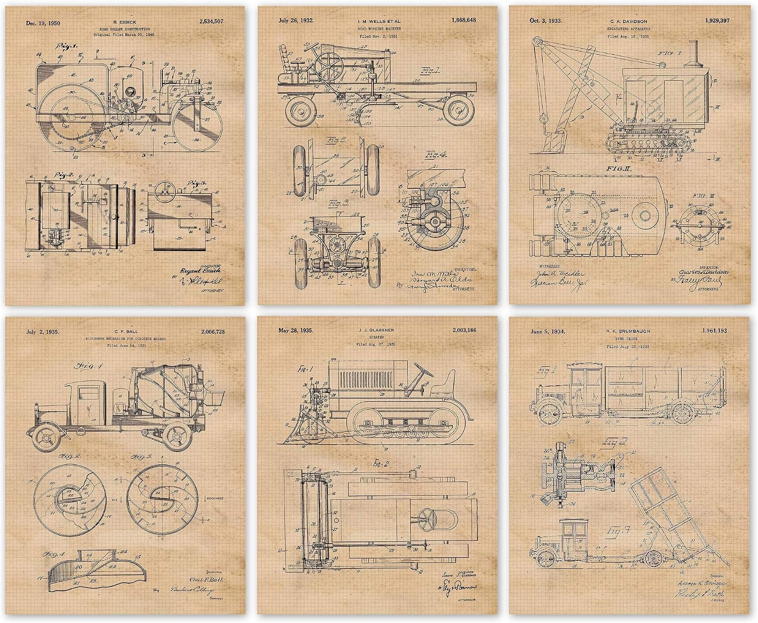 Vintage Construction Heavy Duty Trucks Patent Prints, 6 (8x10) Unframed Photos, Wall Decor for Home Work Office Machine Garage Build Shop Man Cave School Student Teacher Coach Transportation Engineer